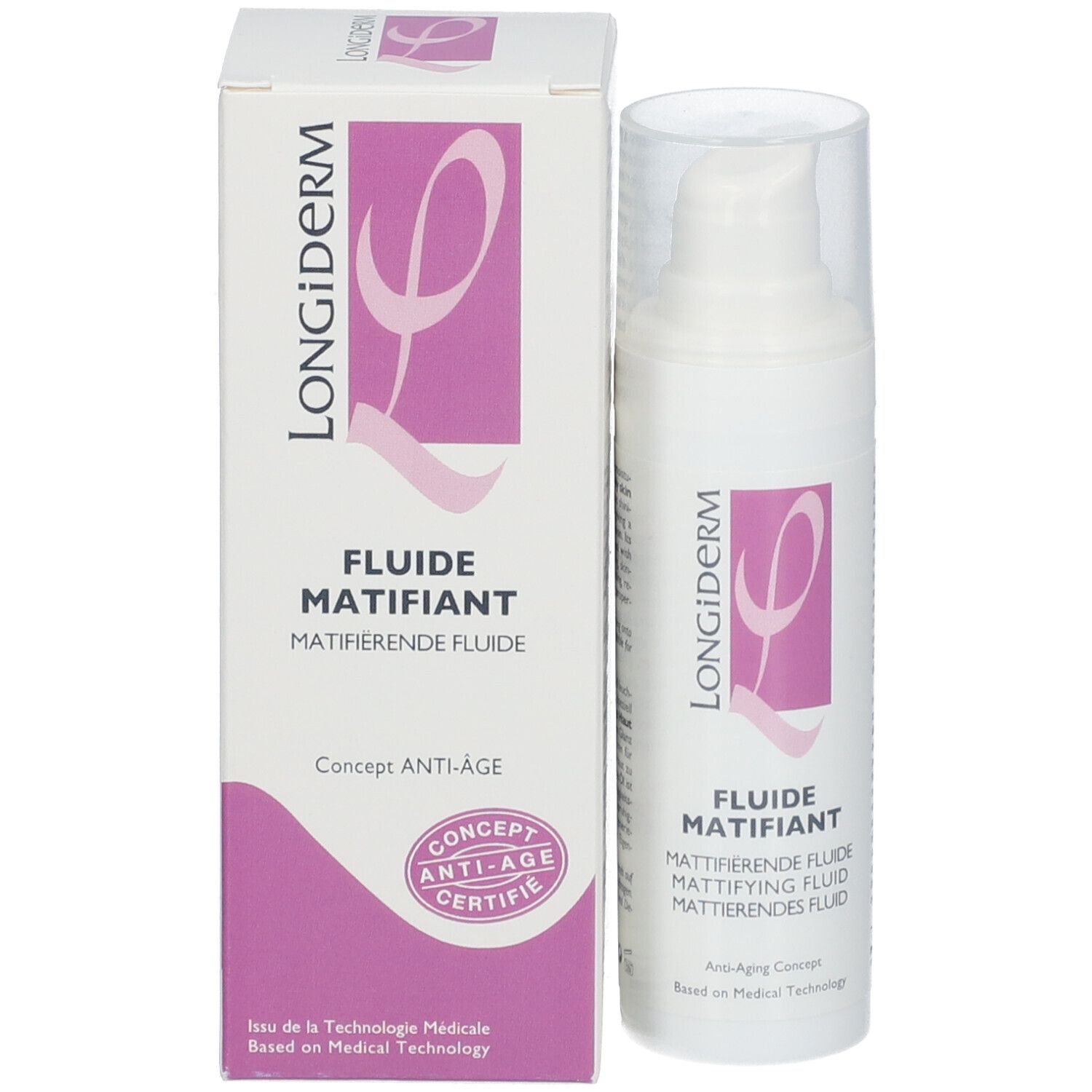 Wit vloeistof met pomp en doos. Opschrift: LONGiDERM, FLUIDE MATIFIANT. Anti-Aging.