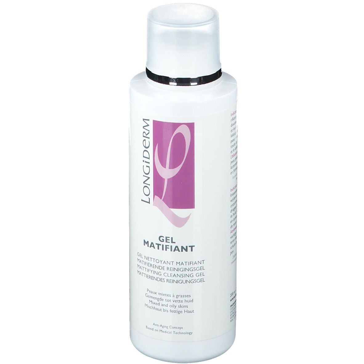 Witte, cilindrische fles met witte dop. Opschrift: LONGiDerm, Gel Matifiant. Paars logo. Tekst in meerdere talen.