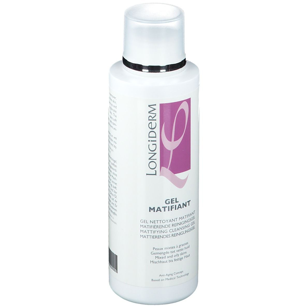 Witte, cilindrische fles met witte dop. Opschrift: LONGiDerm, Gel Matifiant. Paars logo. Tekst in meerdere talen.