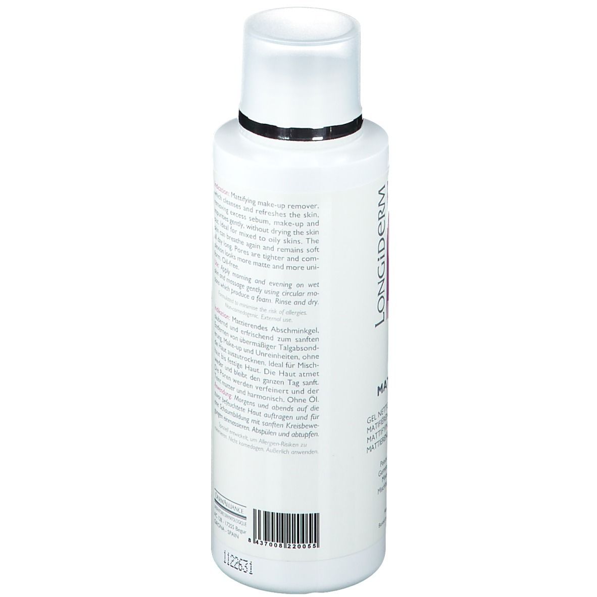Achterkant van een witte, cilindrische fles. Tekst in meerdere talen. Informatie over gebruik en ingrediënten.