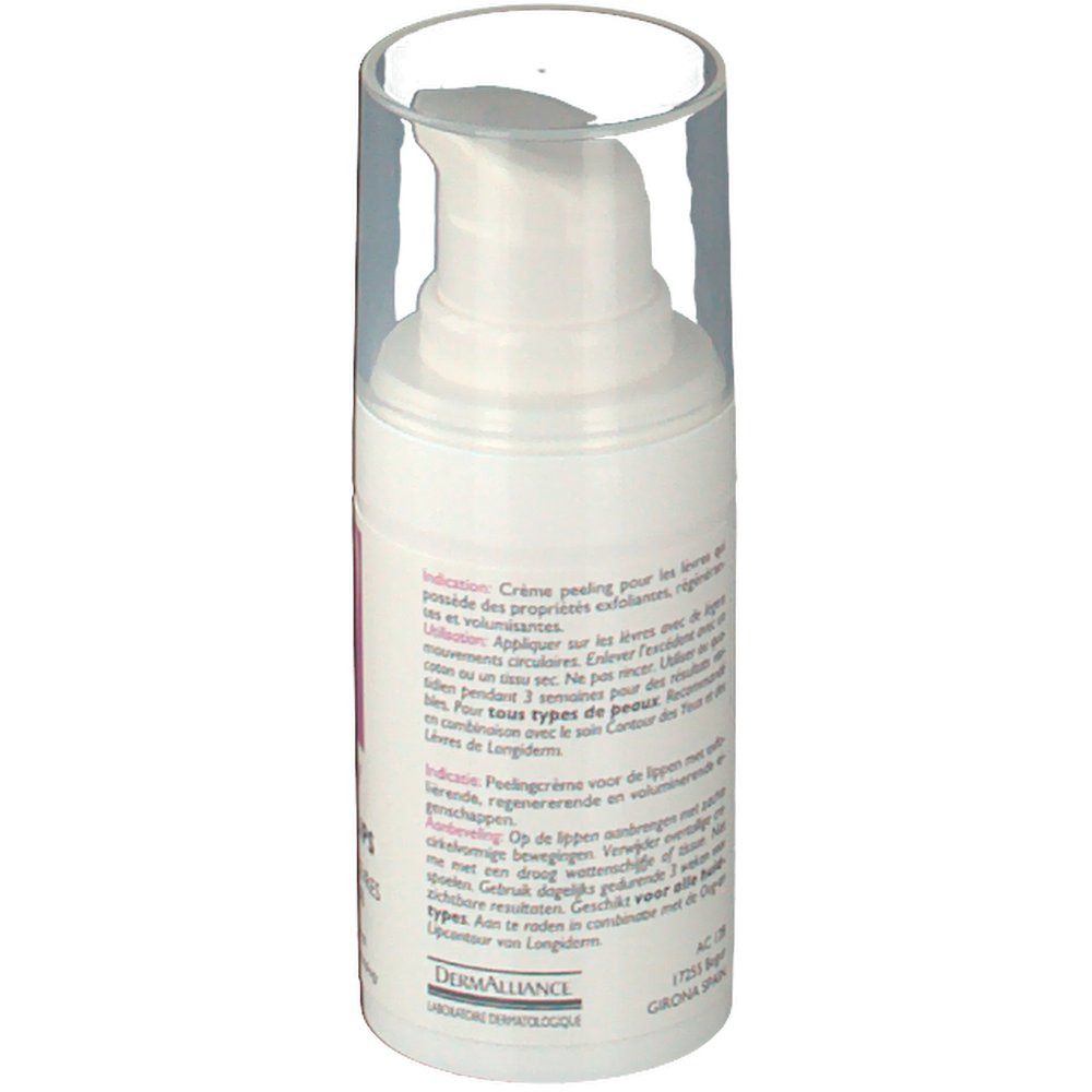 Vue arrière du distributeur blanc avec texte. Couvercle transparent. Inscription : Dermalliance, Laboratoire Technologique.