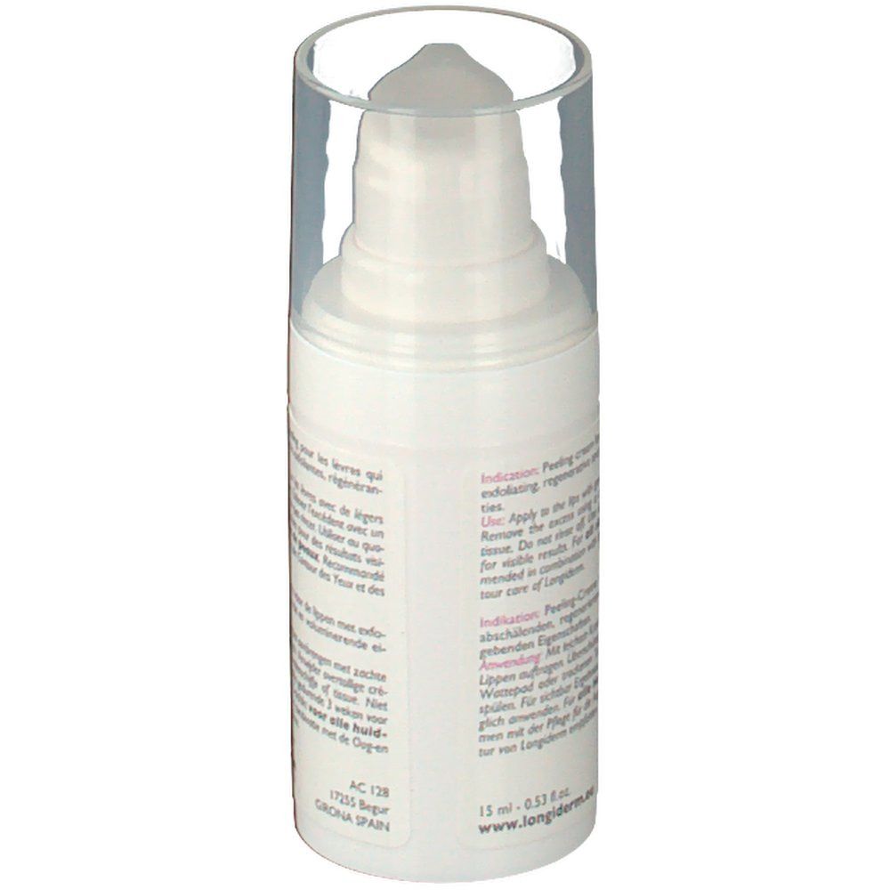 Vue arrière du distributeur blanc avec texte. Couvercle transparent. Inscription : 15 ml - 0.53 fl.oz. www.longiderm.com.