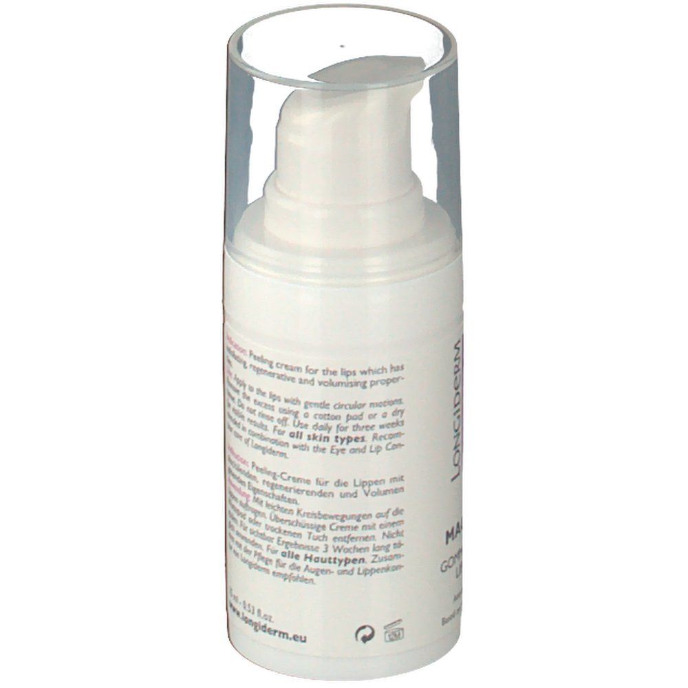 Vue arrière du distributeur blanc avec texte. Couvercle transparent. Inscription : Longiderm, Magic Lips, Gommage Lèvres.