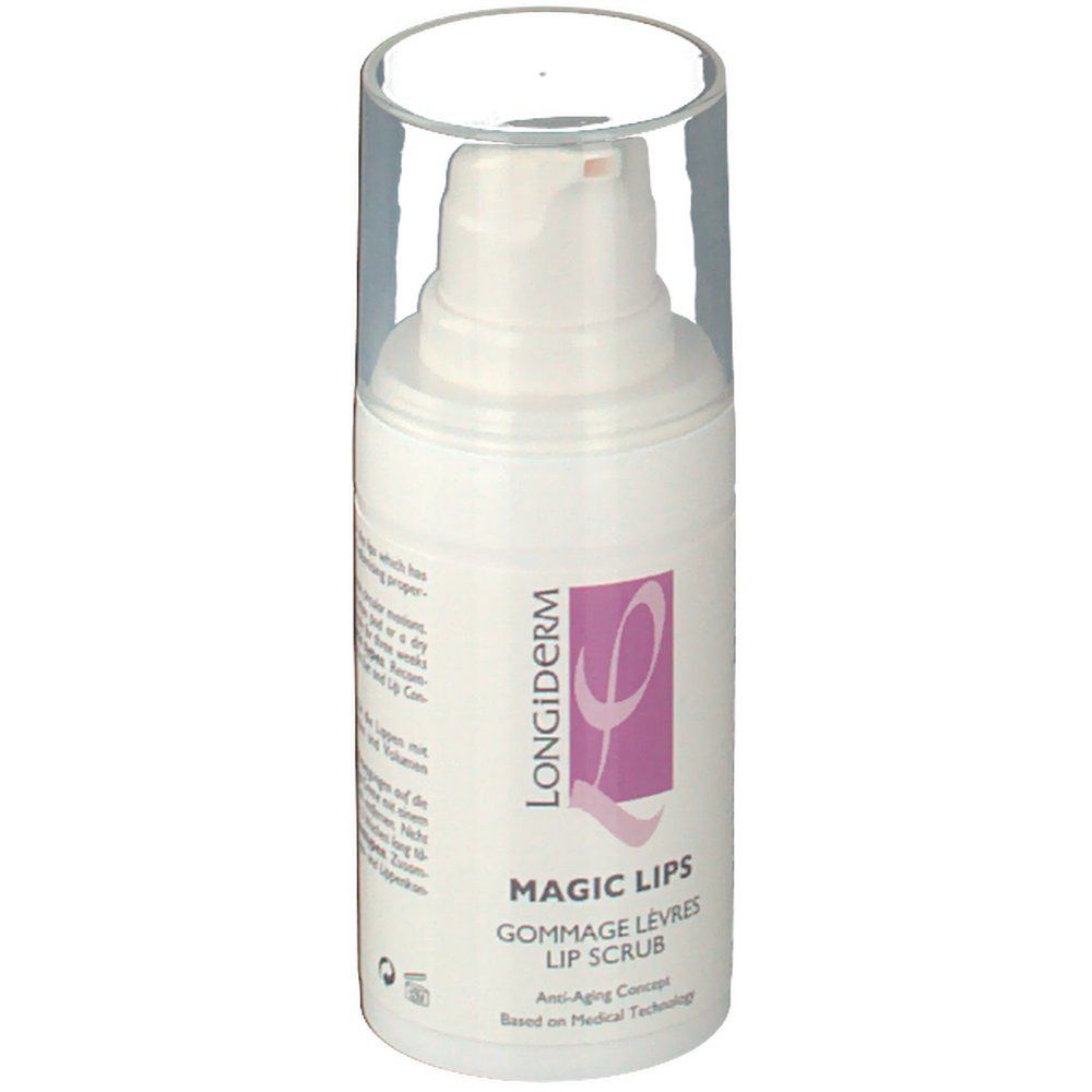 Distributeur blanc avec couvercle transparent. Inscription : Longiderm, Magic Lips, Gommage Lèvres, Lip Scrub.