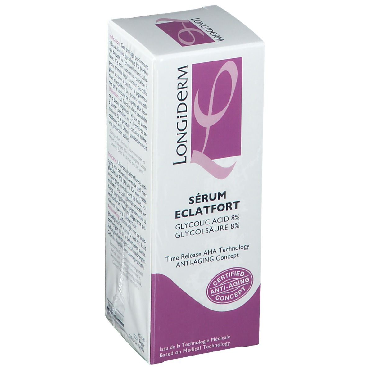 Witte doos met paarse accenten. Opschrift: LONGIDERM, Sérum Eclatfort, Glycolic Acid 8%, Glycolsaure 8%. Gecertificeerd Anti-Age Concept.
