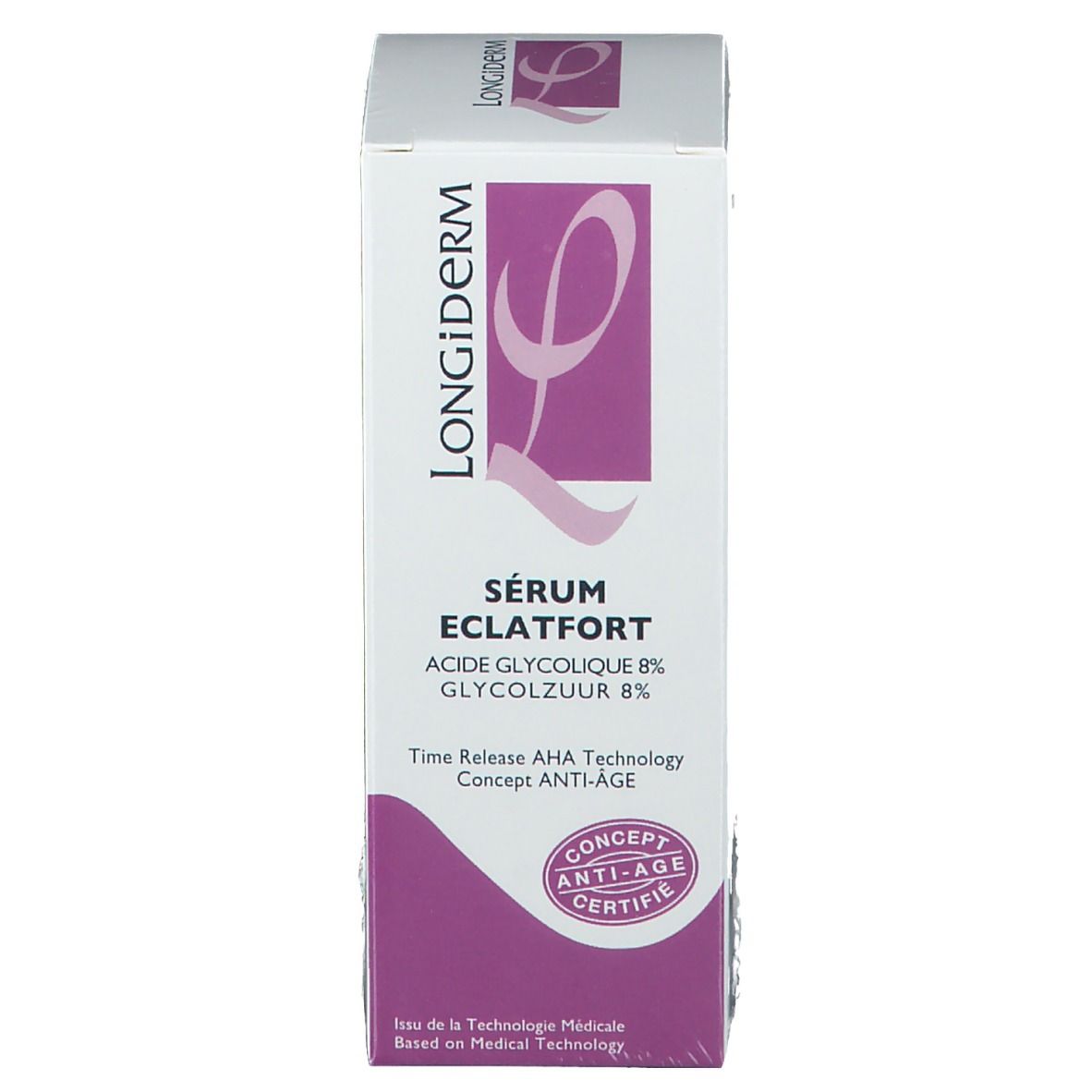 Witte doos met paarse accenten. Opschrift: LONGIDERM, Sérum Eclatfort, Acide Glycolique 8%, Glycolzuur 8%. Gecertificeerd Anti-Age Concept.