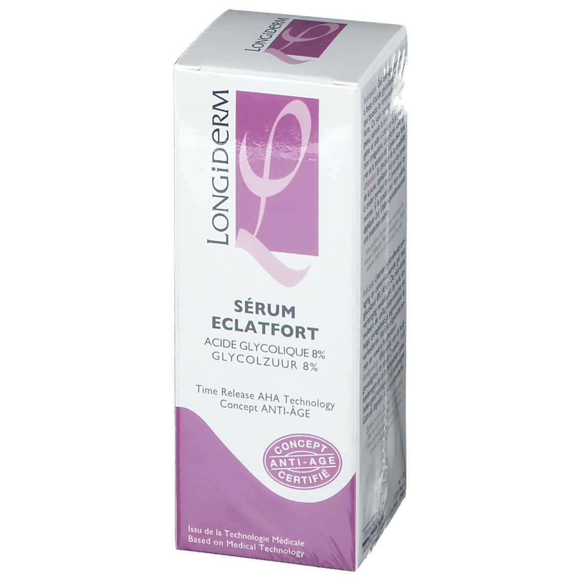 Witte doos met paarse accenten. Opschrift: LONGIDERM, Sérum Eclatfort, Acide Glycolique 8%, Glycolzuur 8%. Gecertificeerd Anti-Age Concept.