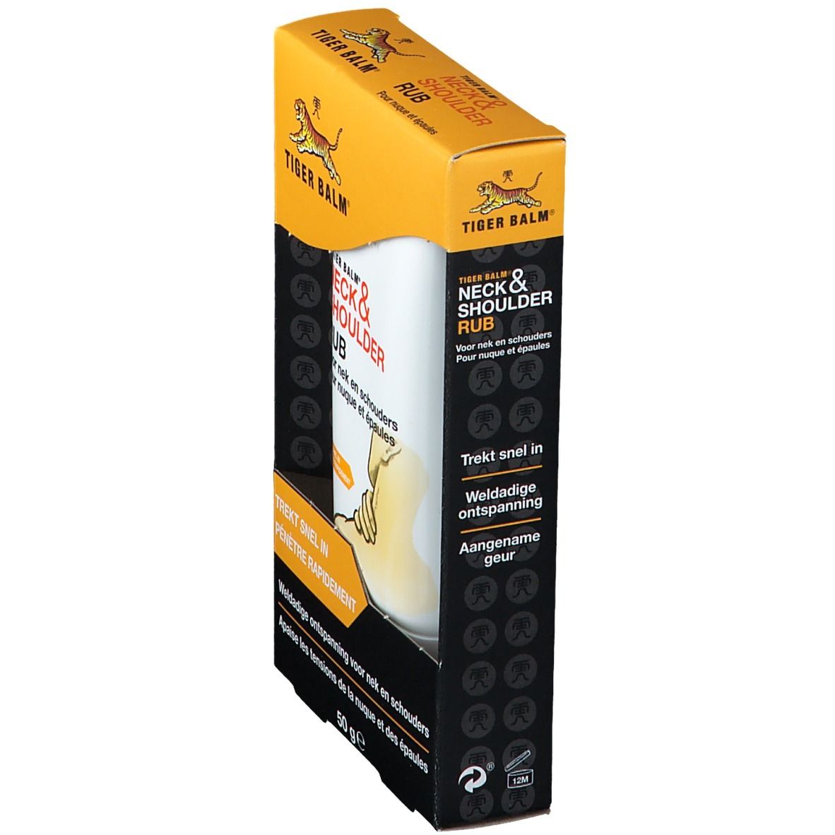 Verpakking met tube. Opschrift: Tiger Balm Neck & Shoulder Rub. Gele en zwarte verpakking. Productnaam en logo zichtbaar.