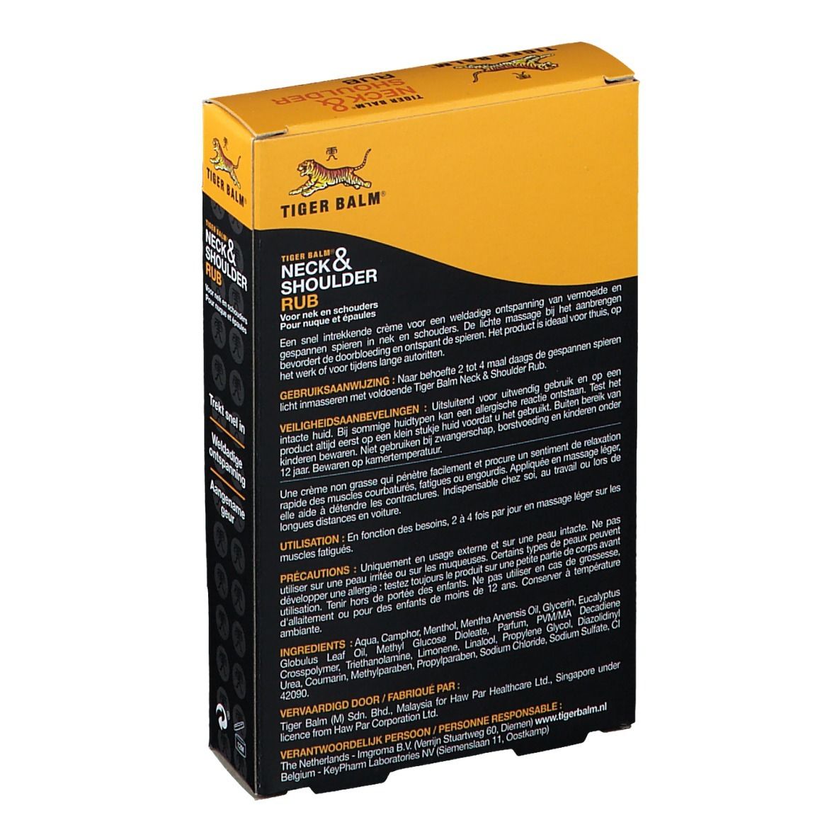 Achterkant van de verpakking. Tekst in meerdere talen. Opschrift: Tiger Balm Neck & Shoulder Rub. Gele en zwarte verpakking.