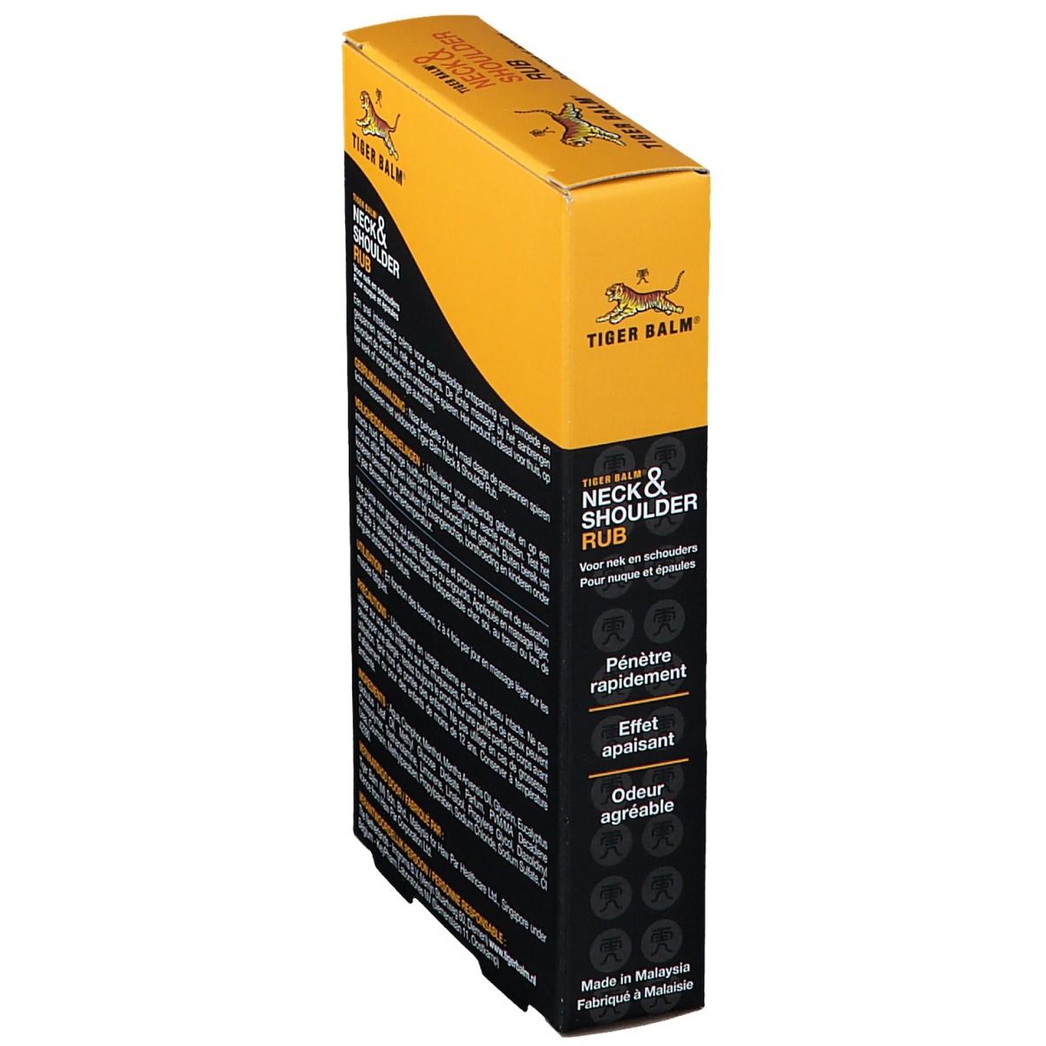 Verpakking. Opschrift: Tiger Balm Neck & Shoulder Rub. Gele en zwarte verpakking. Productnaam en logo zichtbaar.