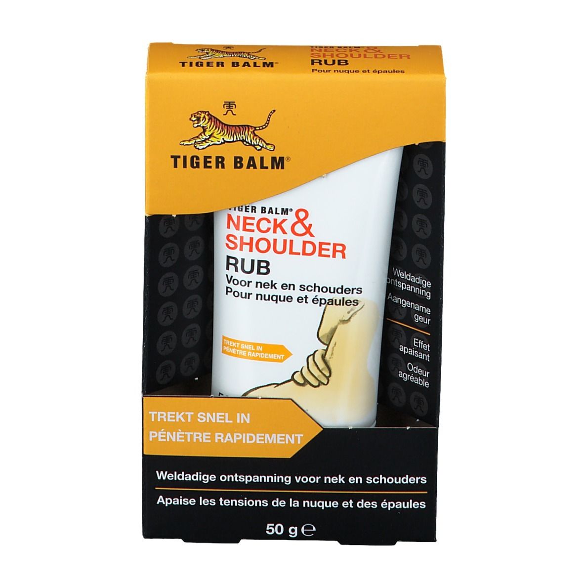 Verpakking met tube. Opschrift: Tiger Balm Neck & Shoulder Rub. Gele en zwarte verpakking. Productnaam en logo zichtbaar.