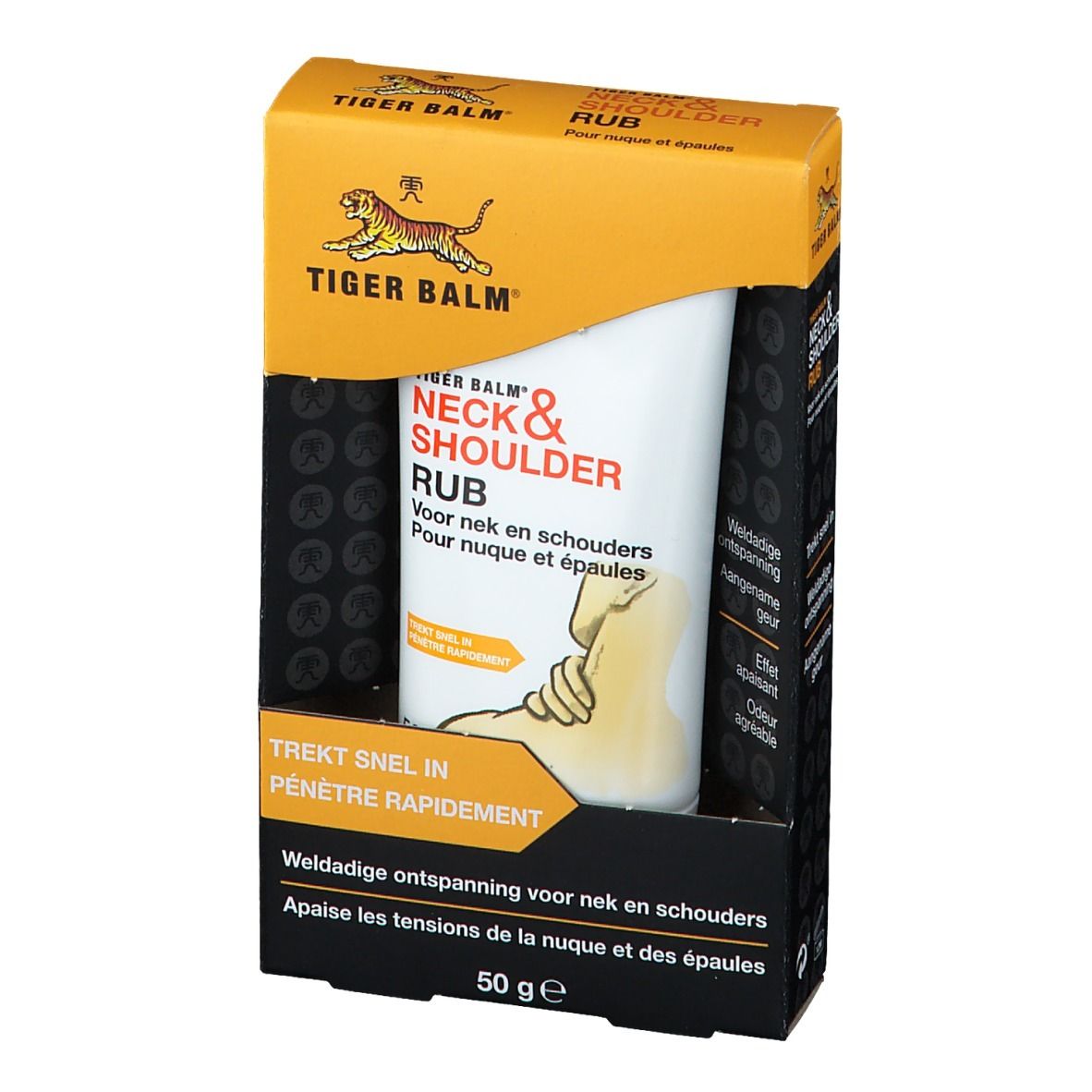 Verpakking met tube. Opschrift: Tiger Balm Neck & Shoulder Rub. Gele en zwarte verpakking. Productnaam en logo zichtbaar.