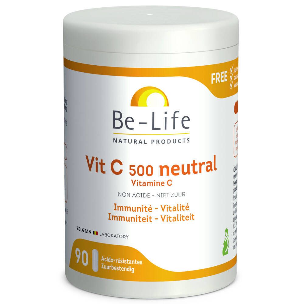 Boîte blanche Be-Life Vitamine C 500 mg, accents jaunes. Inscription: Vit C 500 neutral. 90 gélules. Sans gluten, sucre, nanoparticules.