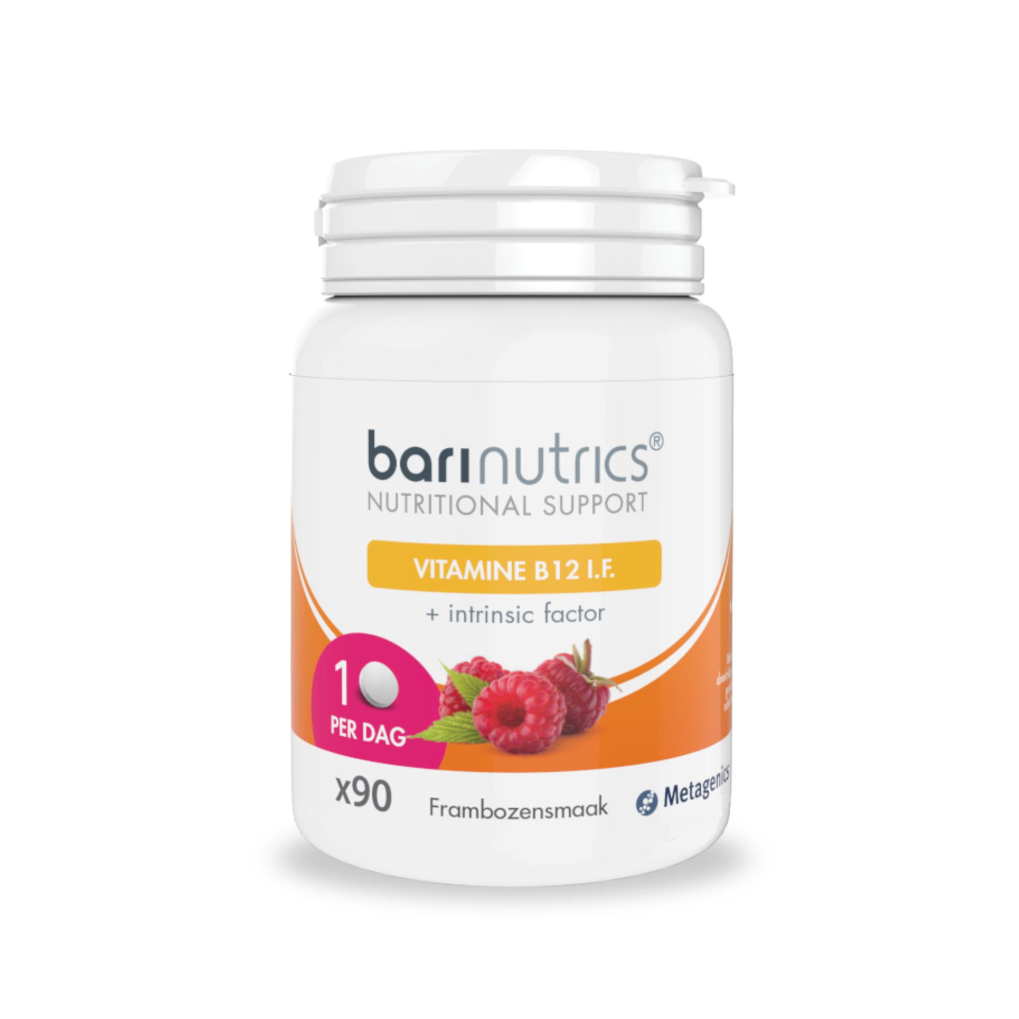 Witte fles met dop. Etiket met productinfo en frambozen. Tekst: BariNutrics, Vitamine B12 I.F., 90 tabletten.