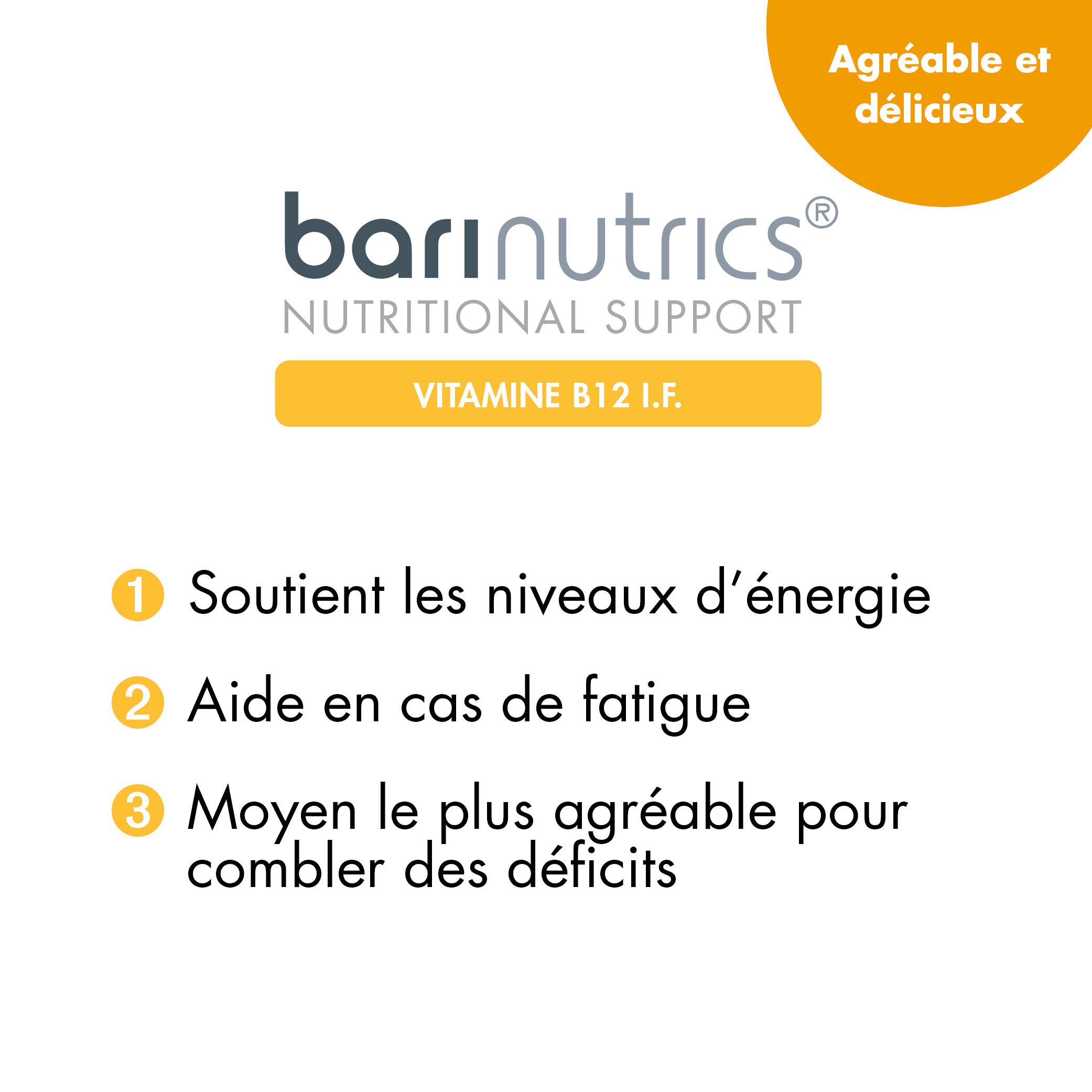 Texte sur fond orange. Texte: BariNutrics, Vitamine B12 I.F. 3 avantages: énergie, fatigue, combler les déficits.