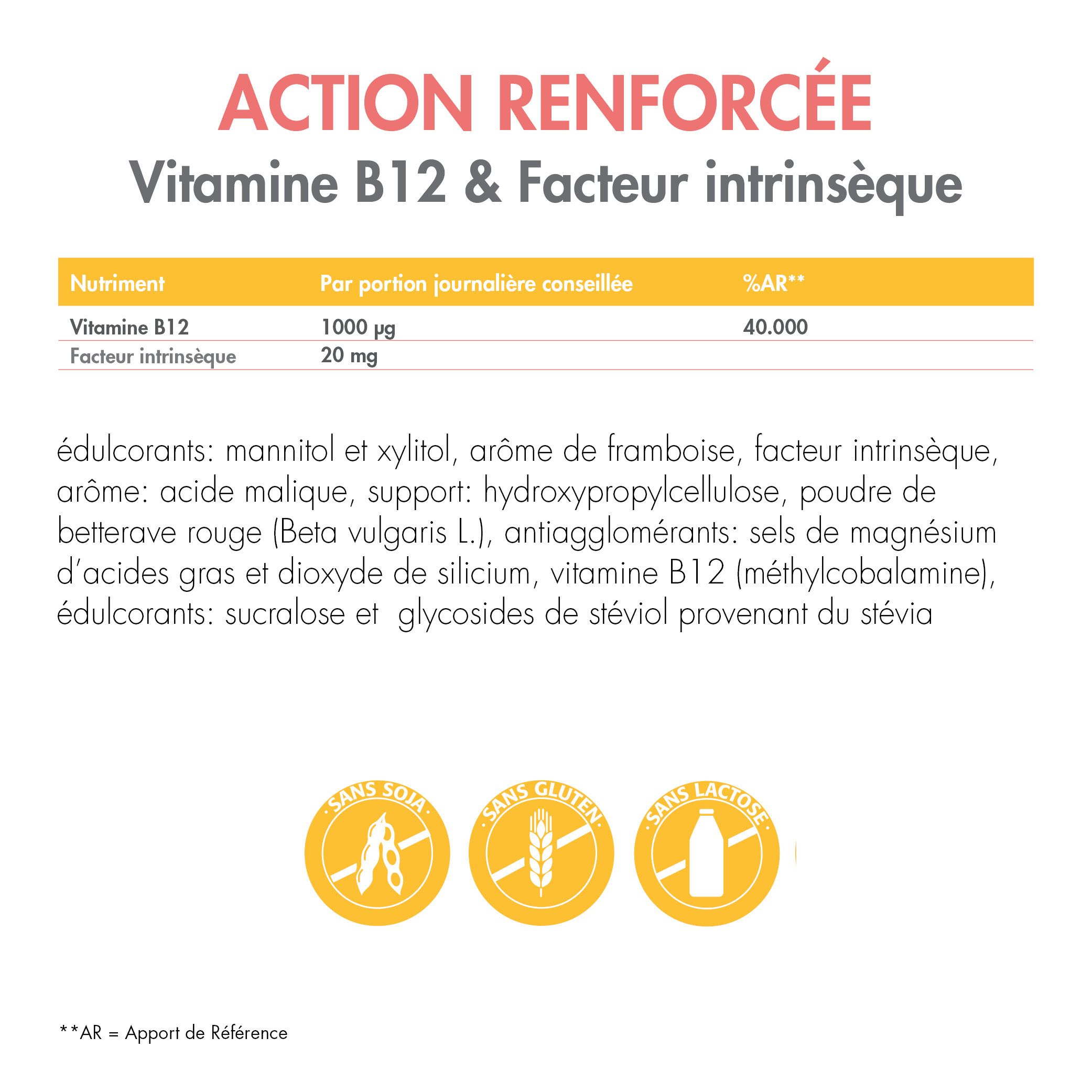 Texte sur fond blanc. Tableau avec informations nutritionnelles: Vitamine B12, Facteur intrinsèque. Logos: sans soja, gluten, lactose.