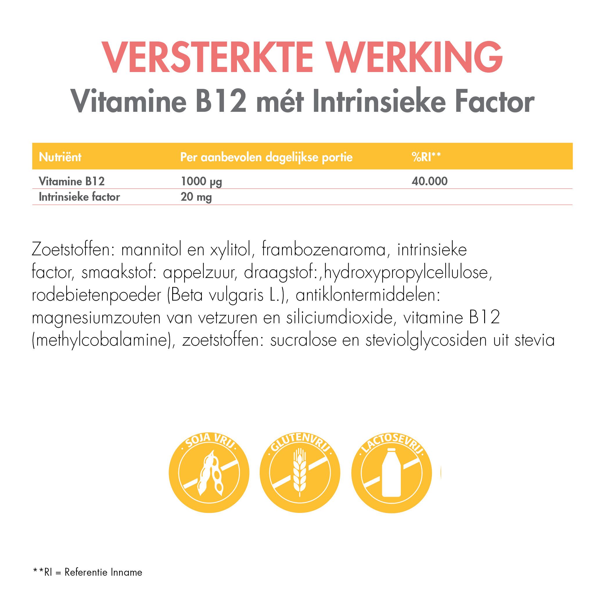Tekst op witte achtergrond. Tabel met voedingswaarde: Vitamine B12, Intrinsic Factor. Logo's: zonder soja, gluten, lactose.