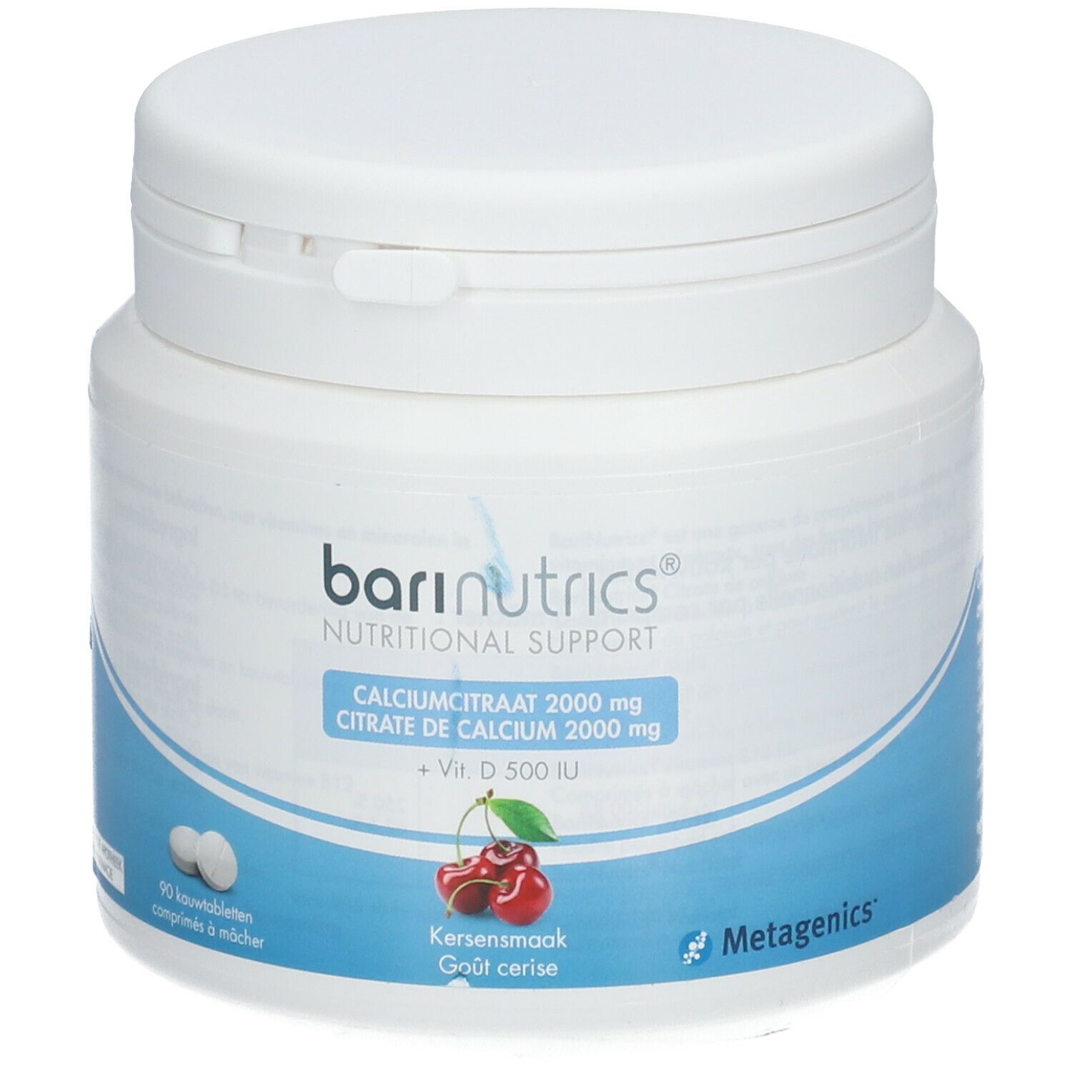 Boîte blanche Barinutrics. Citrate de calcium 2000 mg, vitamine D 500 UI, goût cerise. 90 comprimés à mâcher. Marque Metagenics.