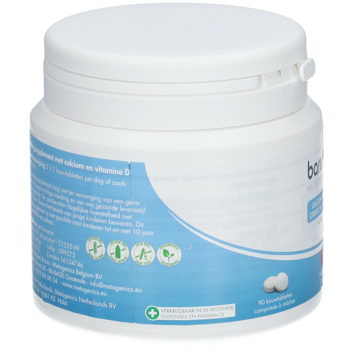 Dos de la boîte blanche. Complément alimentaire avec calcium et vitamine D. 90 comprimés. Logo Metagenics. Informations.