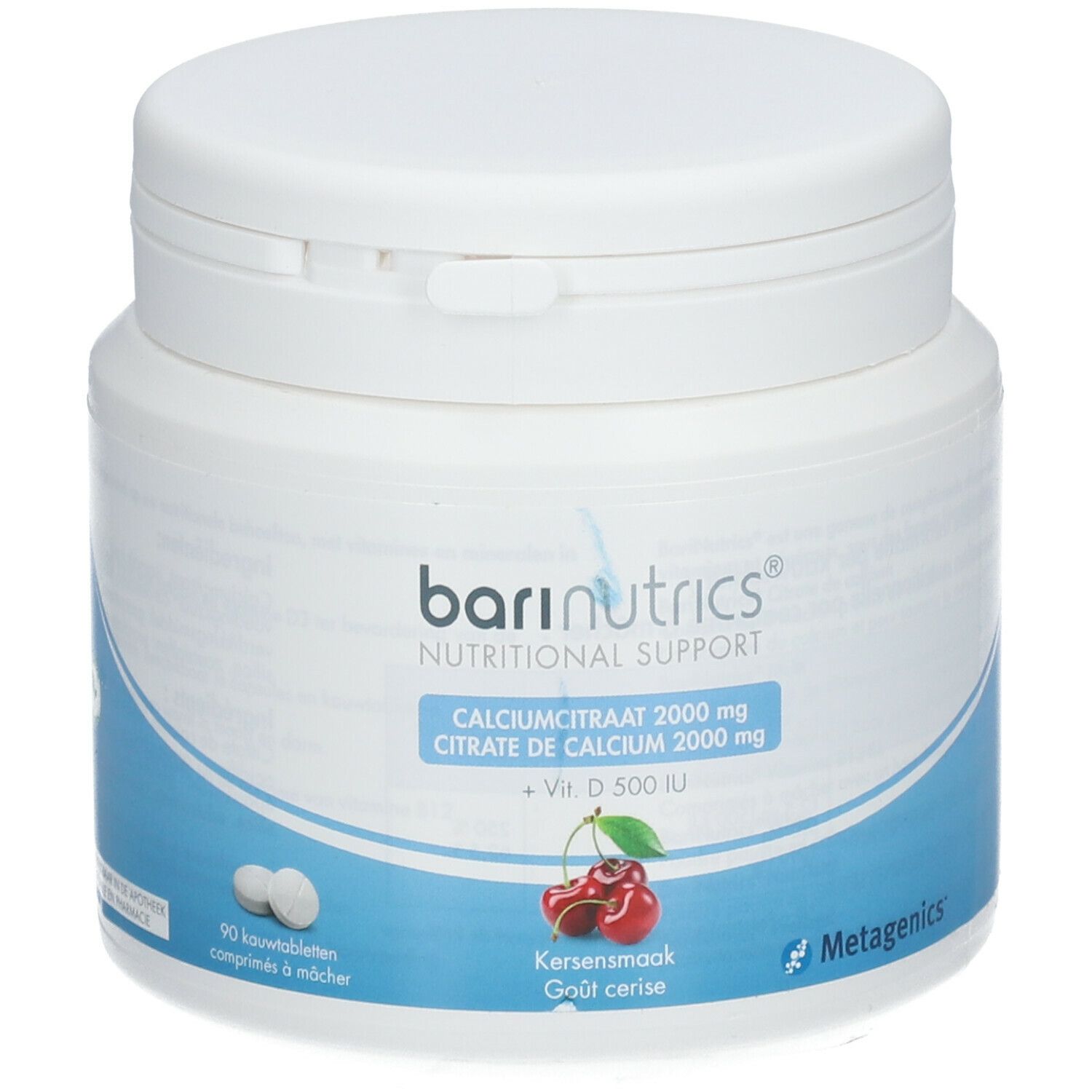 Boîte blanche Barinutrics. Citrate de calcium 2000 mg, vitamine D 500 UI, goût cerise. 90 comprimés à mâcher. Metagenics.