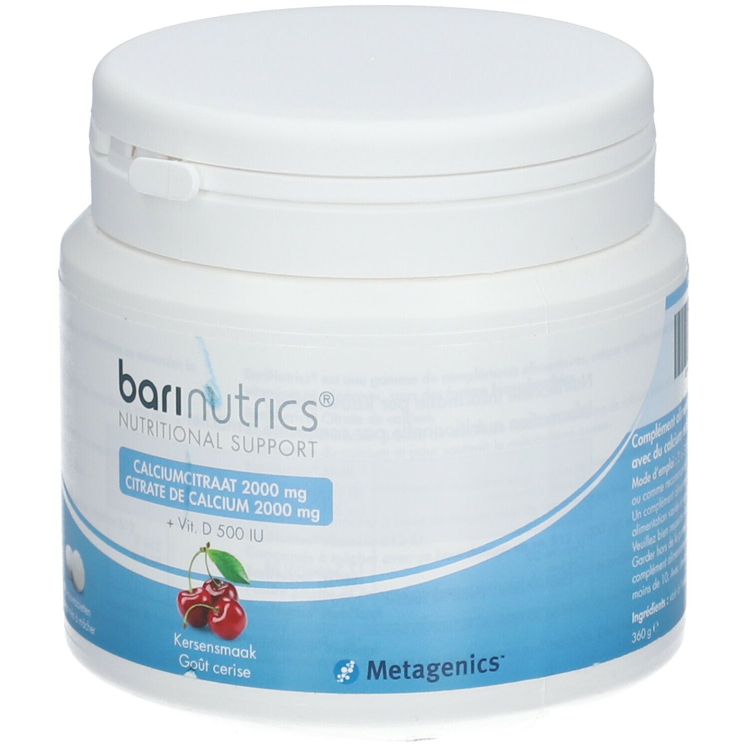 Boîte blanche Barinutrics. Citrate de calcium 2000 mg, vitamine D 500 UI, goût cerise. Metagenics.