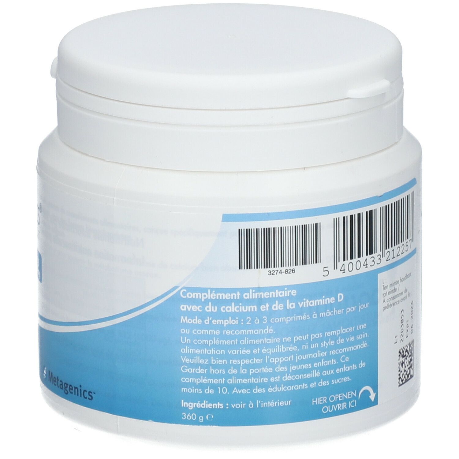 Dos de la boîte blanche. Complément alimentaire avec calcium et vitamine D. 360g. Metagenics.