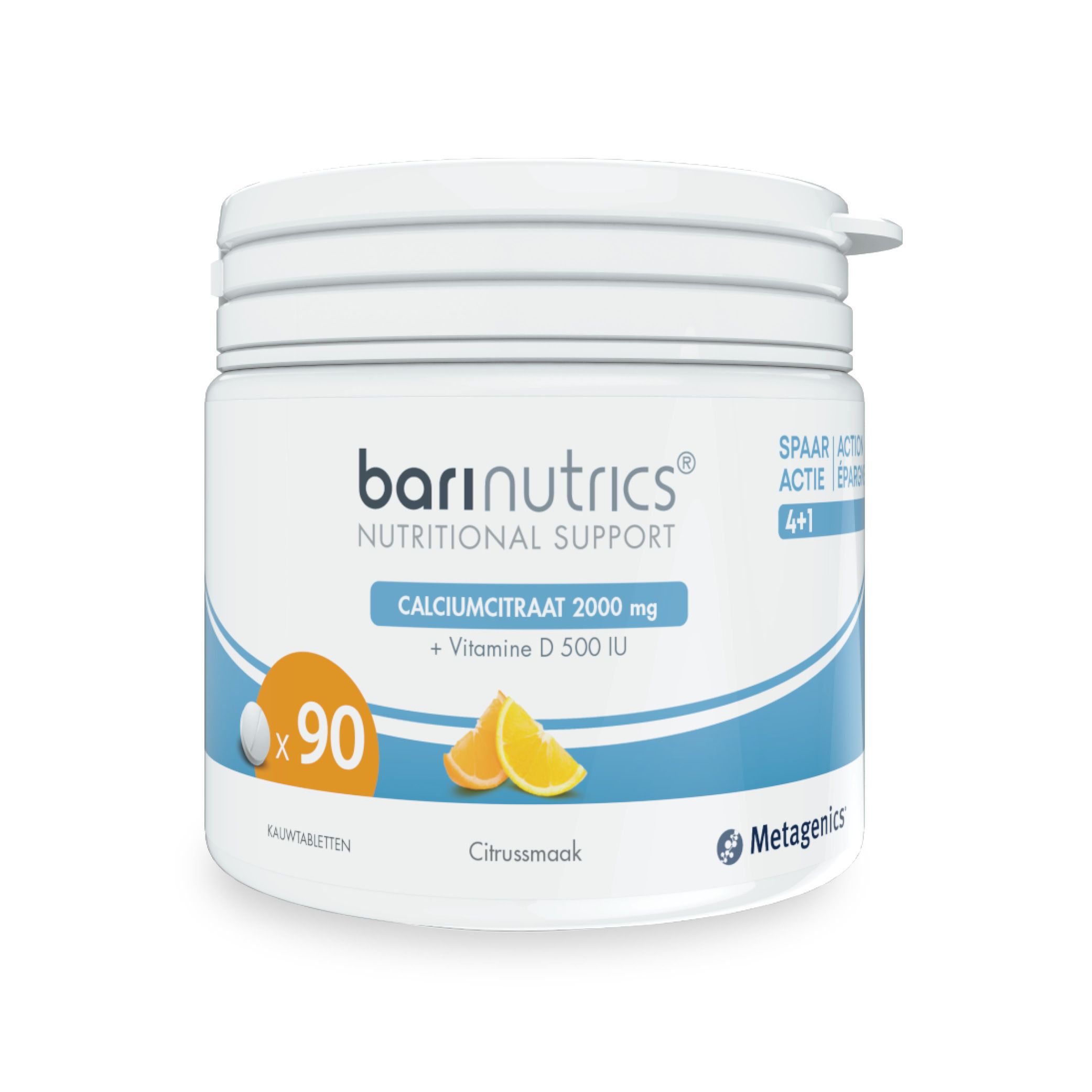 Witte pot Barinutrics. Calciumcitraat 2000 mg + Vitamine D 500 IE. 90 kauwtabletten. Smaak: citrus.