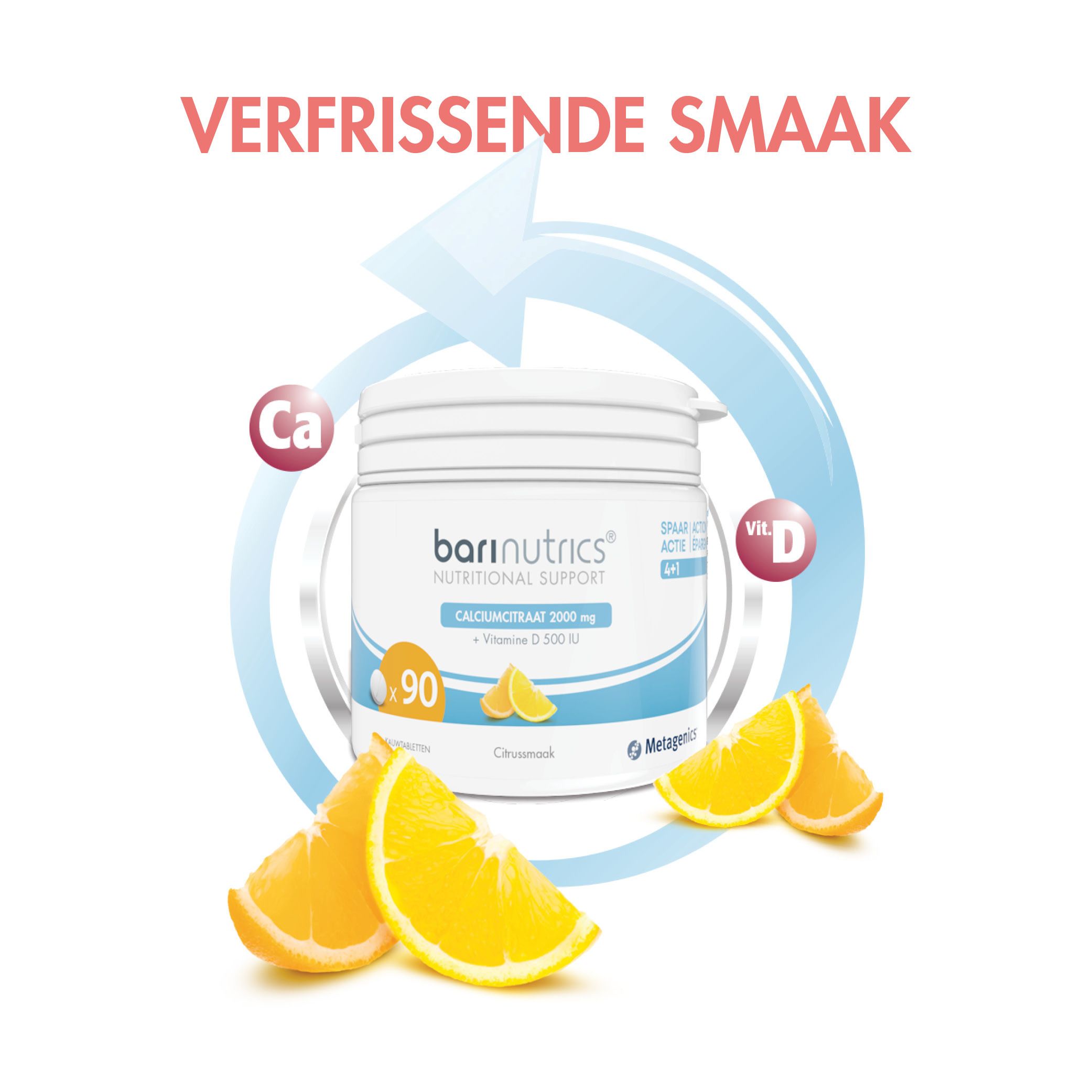 Productafbeelding met sinaasappels. Pot Barinutrics Calciumcitraat. Smaak: citrus.