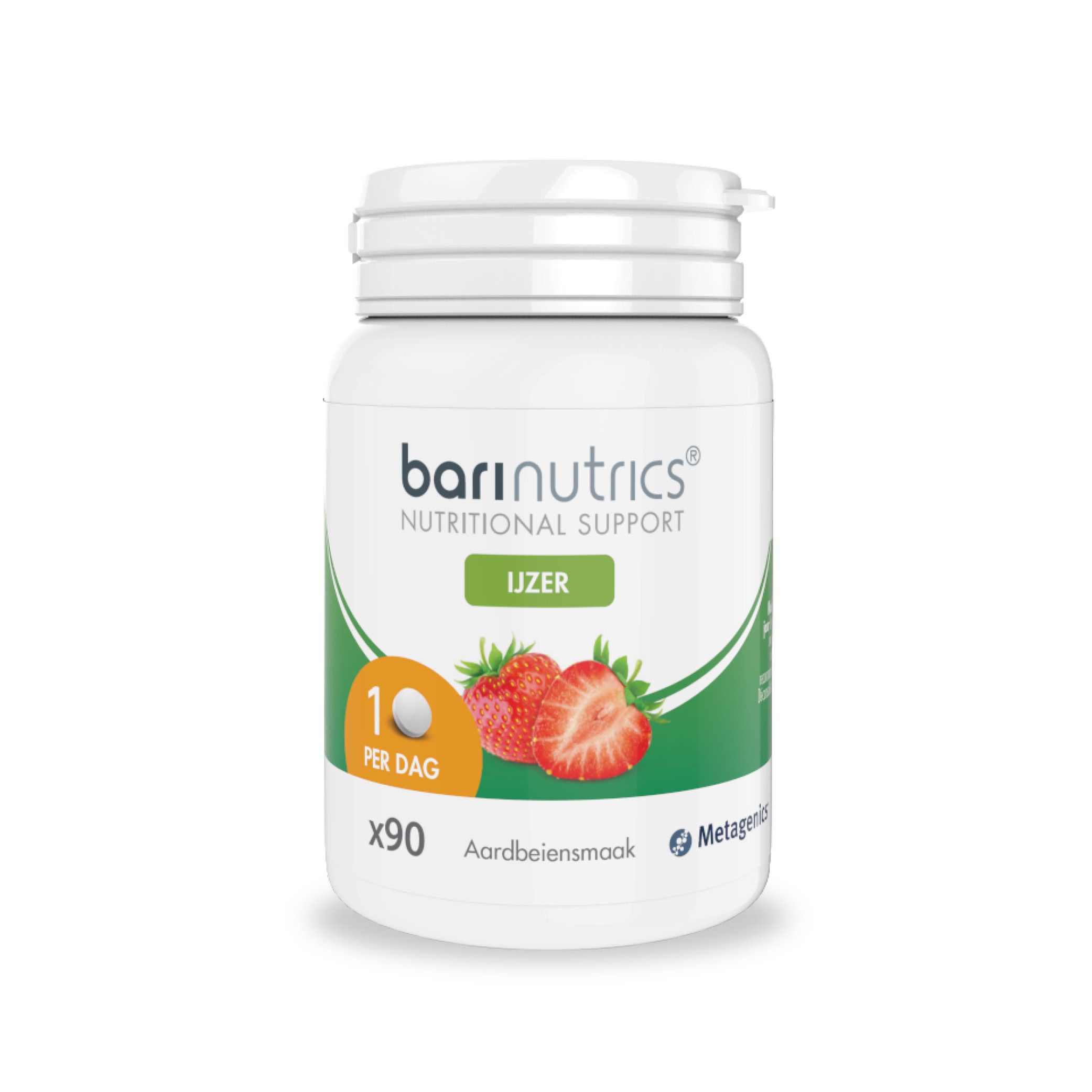 Witte fles Barinutrics, IJZER, aardbeiensmaak. 90 tabletten. Illustratie van aardbeien. Metagenics.
