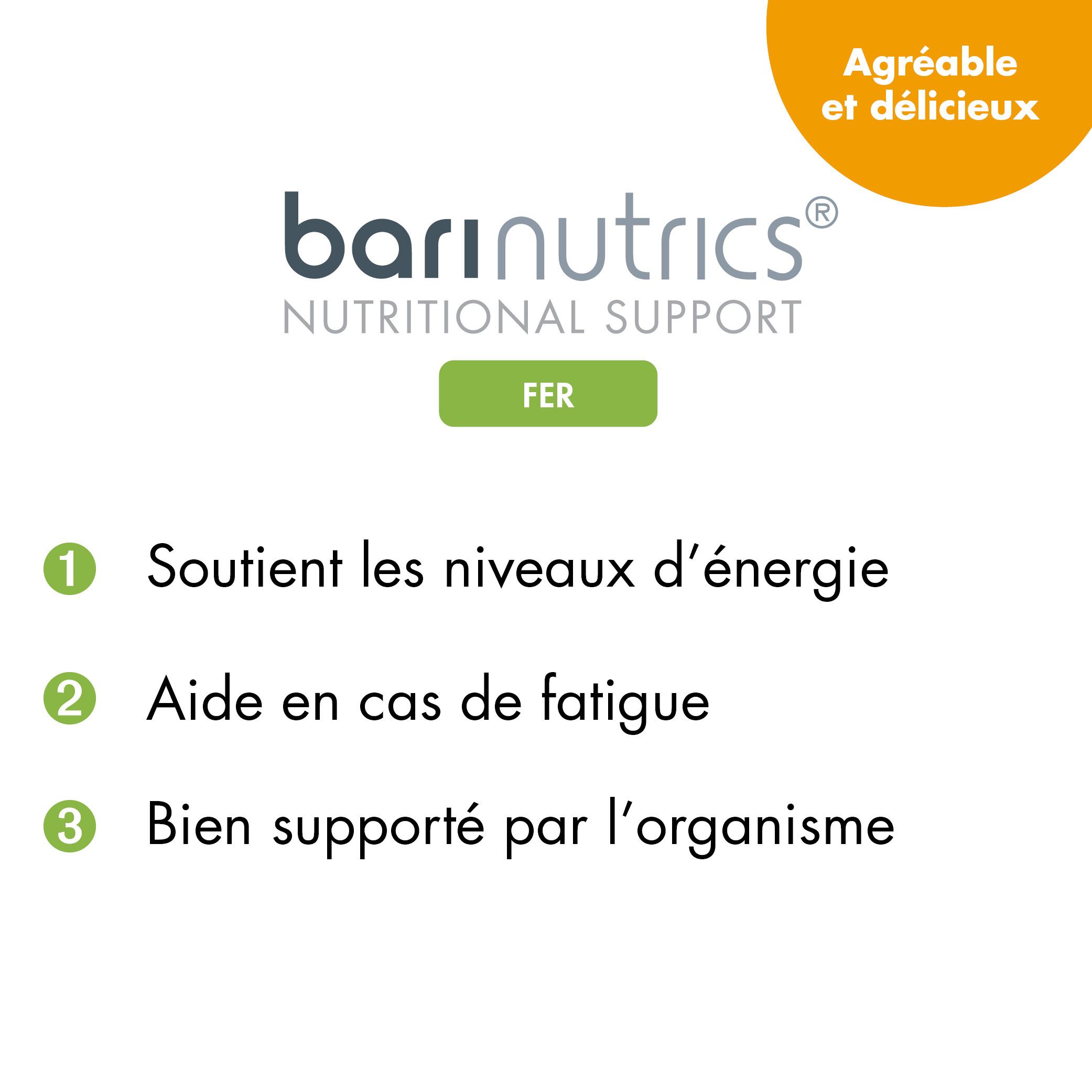 Texte: Barinutrics, Nutritional Support, FER. Soutient l'énergie, aide à la fatigue, bien toléré.