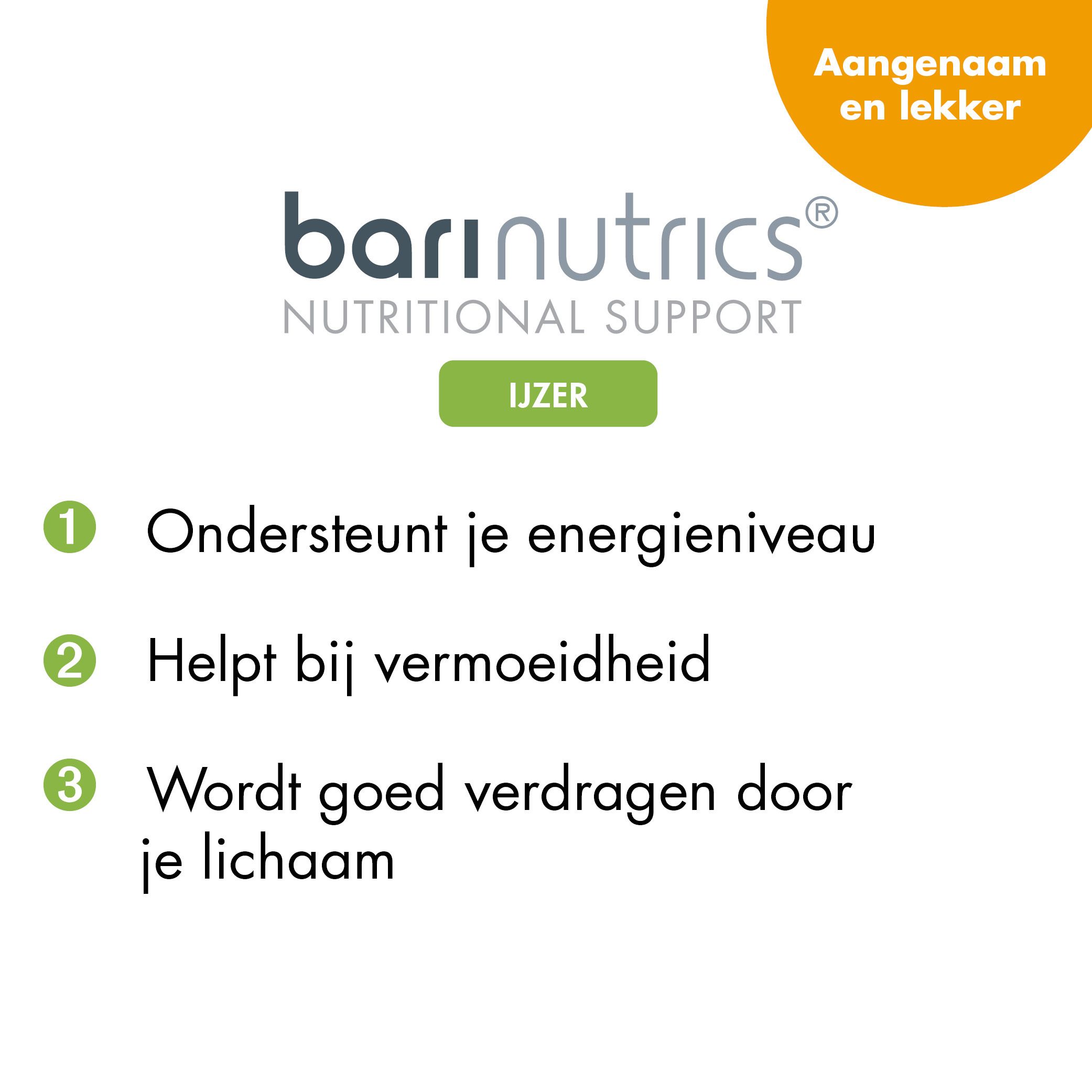 Tekst: Barinutrics, Nutritional Support, IJZER. Ondersteunt energie, helpt bij vermoeidheid, goed verdragen.
