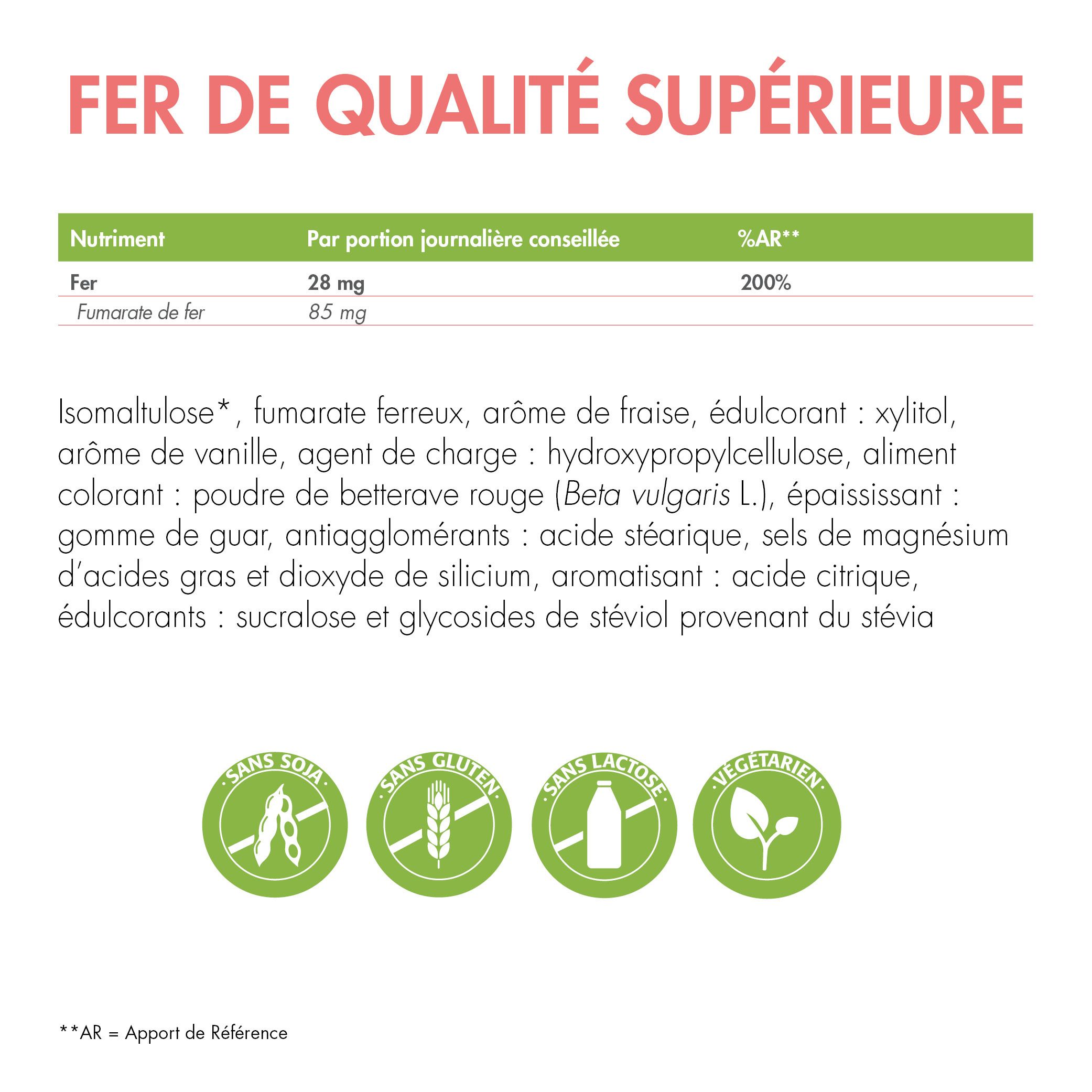 Texte: FER DE QUALITÉ SUPÉRIEURE. Tableau nutritionnel: Fer 28mg, fumarate de fer 85mg. Sans soja, gluten, lactose, végétarien.