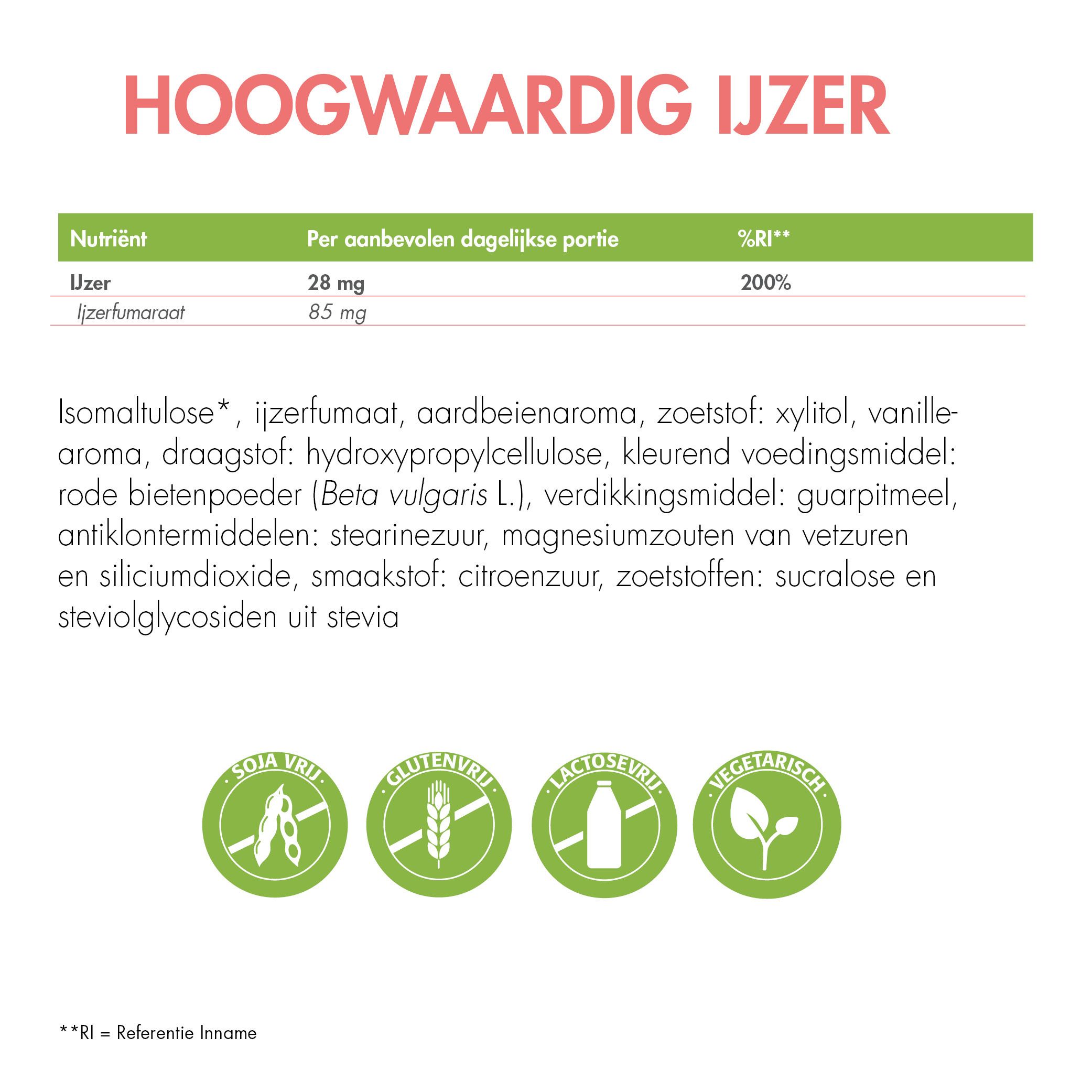 Tekst: HOOGWAARDIG IJZER. Voedingstabel: IJzer 28mg, ijzerfumaraat 85mg. Zonder soja, gluten, lactose, vegetarisch.