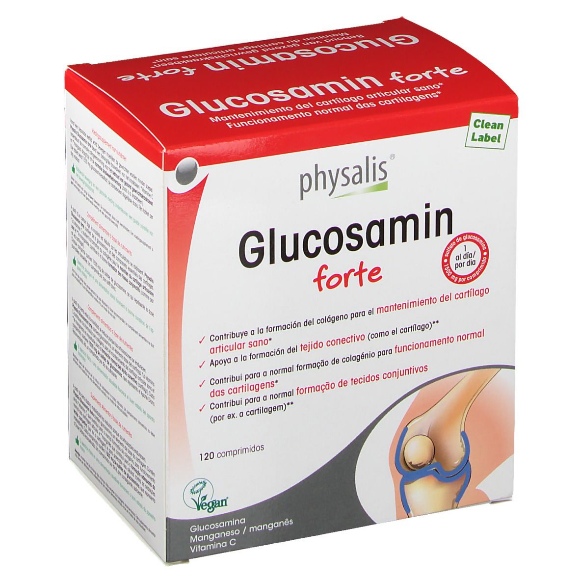 Boîte Keypharm Glucosamin forte. Emballage rouge et blanc avec nom et logo du produit. 120 comprimés. Label Vegan.