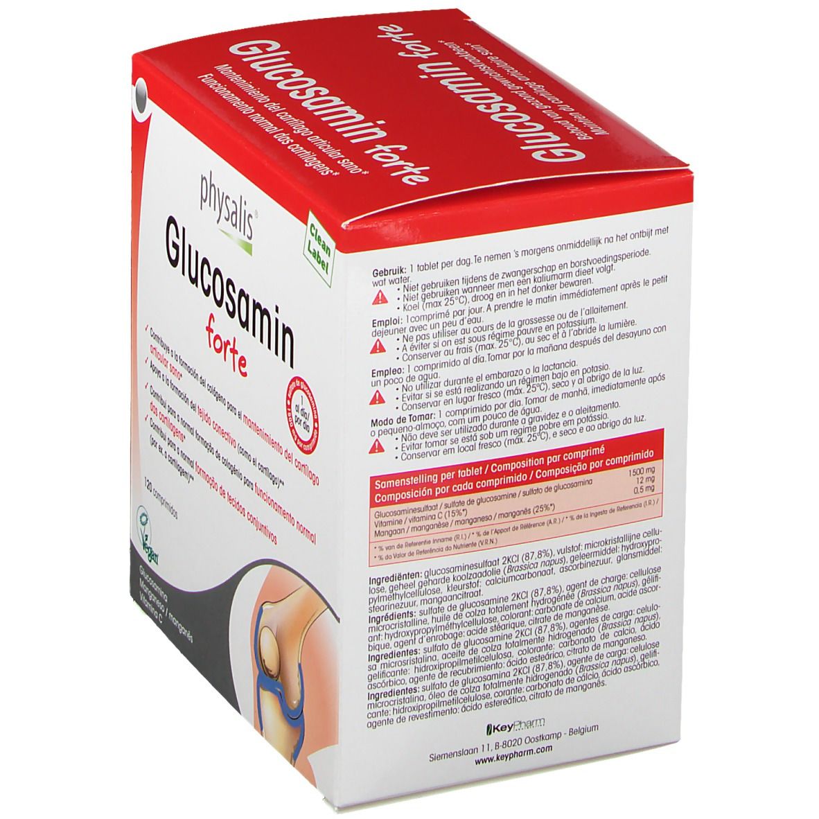 Emballage Keypharm Glucosamin forte. Vue latérale avec texte multilingue. Contient des informations sur les ingrédients et le dosage.