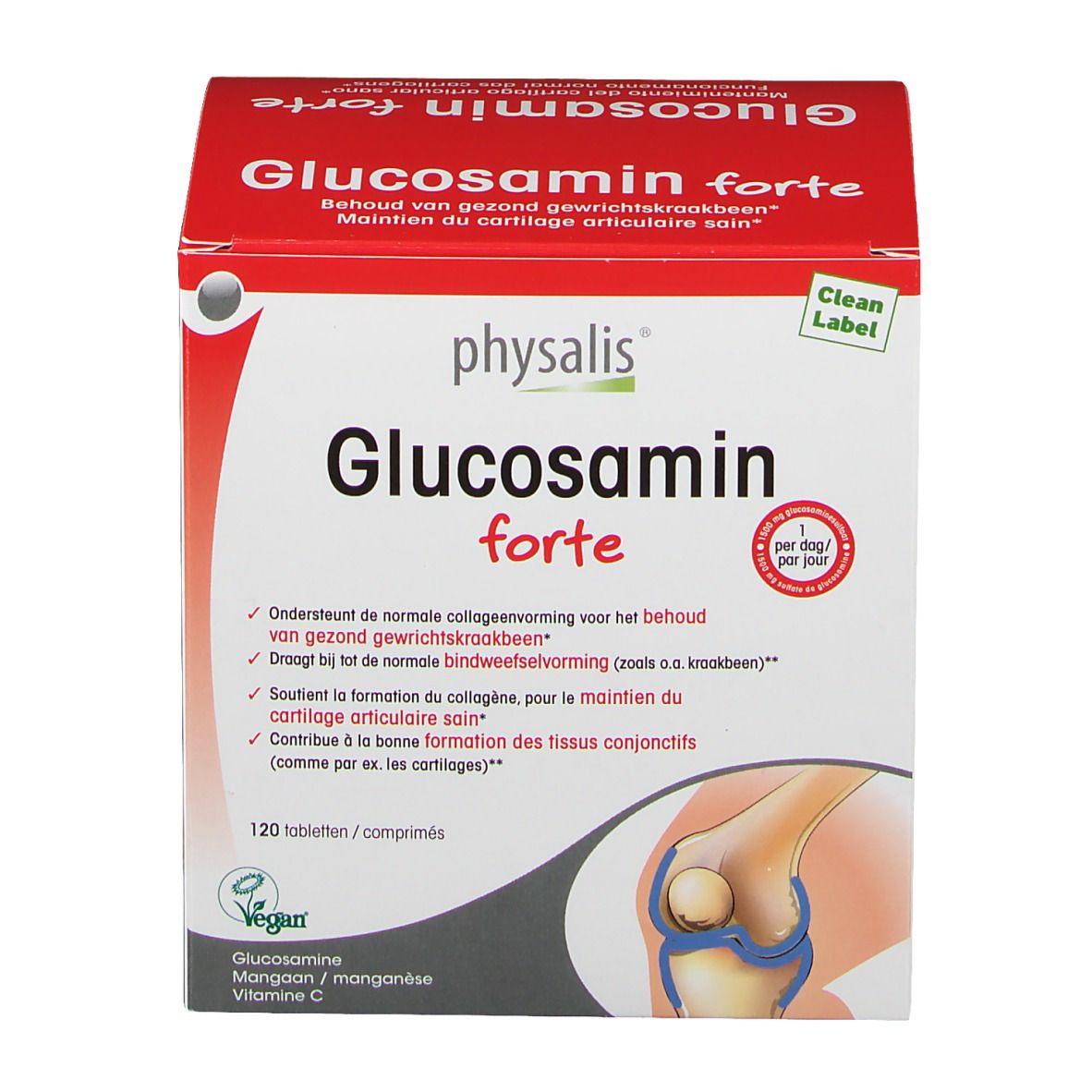 Boîte Keypharm Glucosamin forte. Emballage rouge et blanc avec nom et logo du produit. 120 comprimés. Label Vegan.