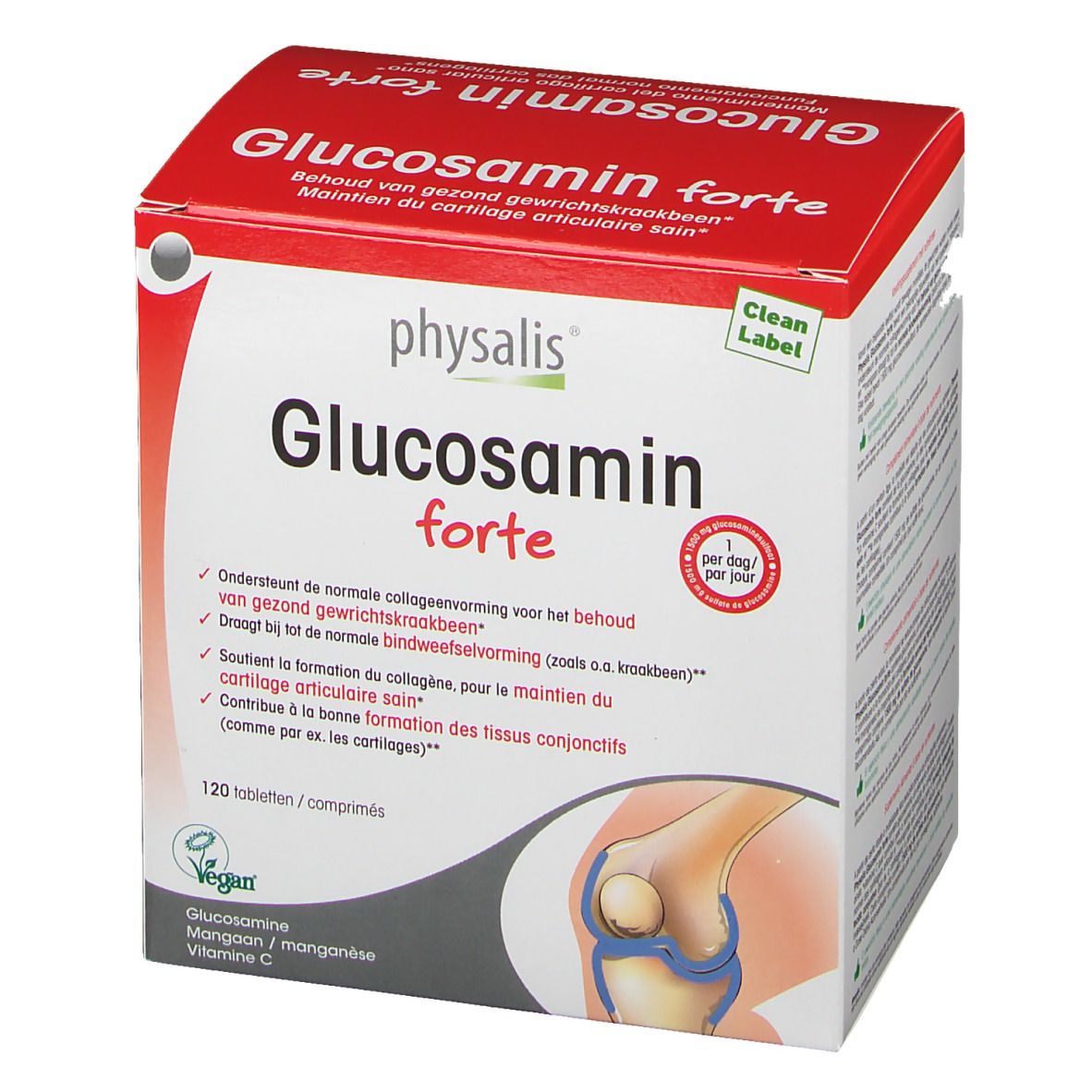 Boîte Keypharm Glucosamin forte. Emballage rouge et blanc avec nom et logo du produit. 120 comprimés. Label Vegan.