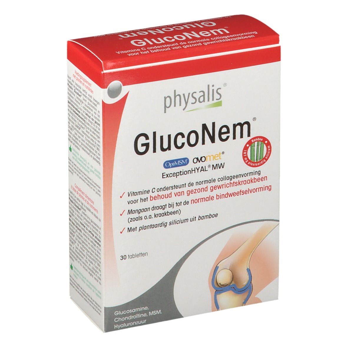 Boîte de Physalis GlucoNem. Emballage rouge et blanc avec nom du produit et informations. Contient 30 comprimés.