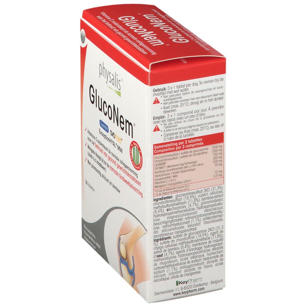 Emballage Physalis GlucoNem. Boîte rouge et blanche avec informations et ingrédients. Vue latérale.