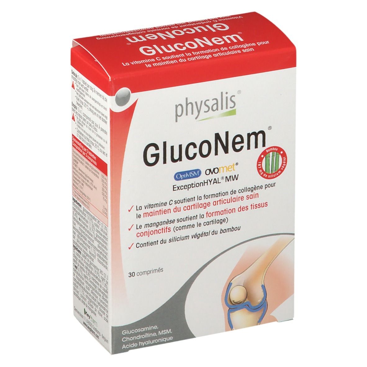 Emballage Physalis GlucoNem. Boîte rouge et blanche avec informations. 30 comprimés. Vue de face.