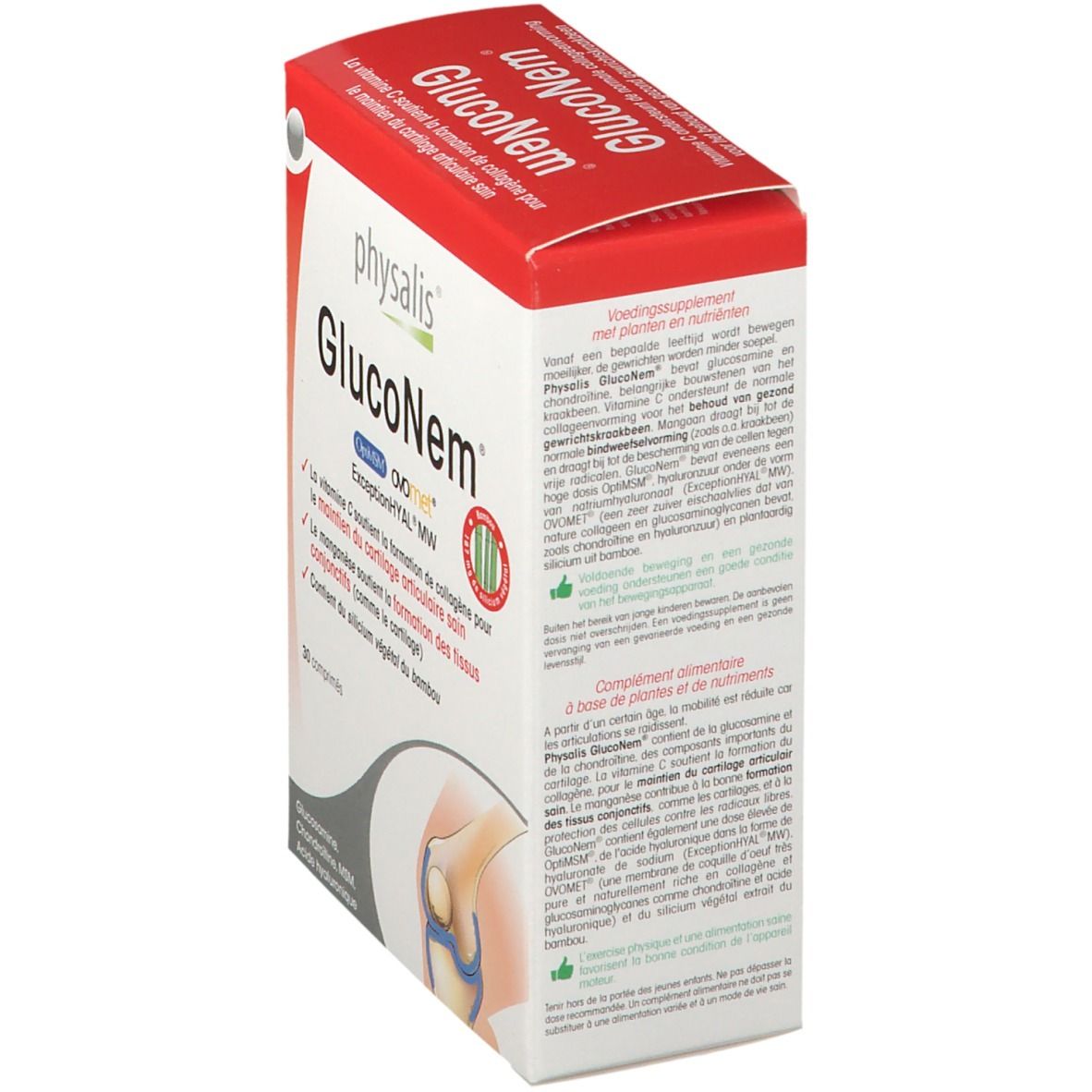 Emballage Physalis GlucoNem. Boîte rouge et blanche avec informations. 30 comprimés. Vue oblique.