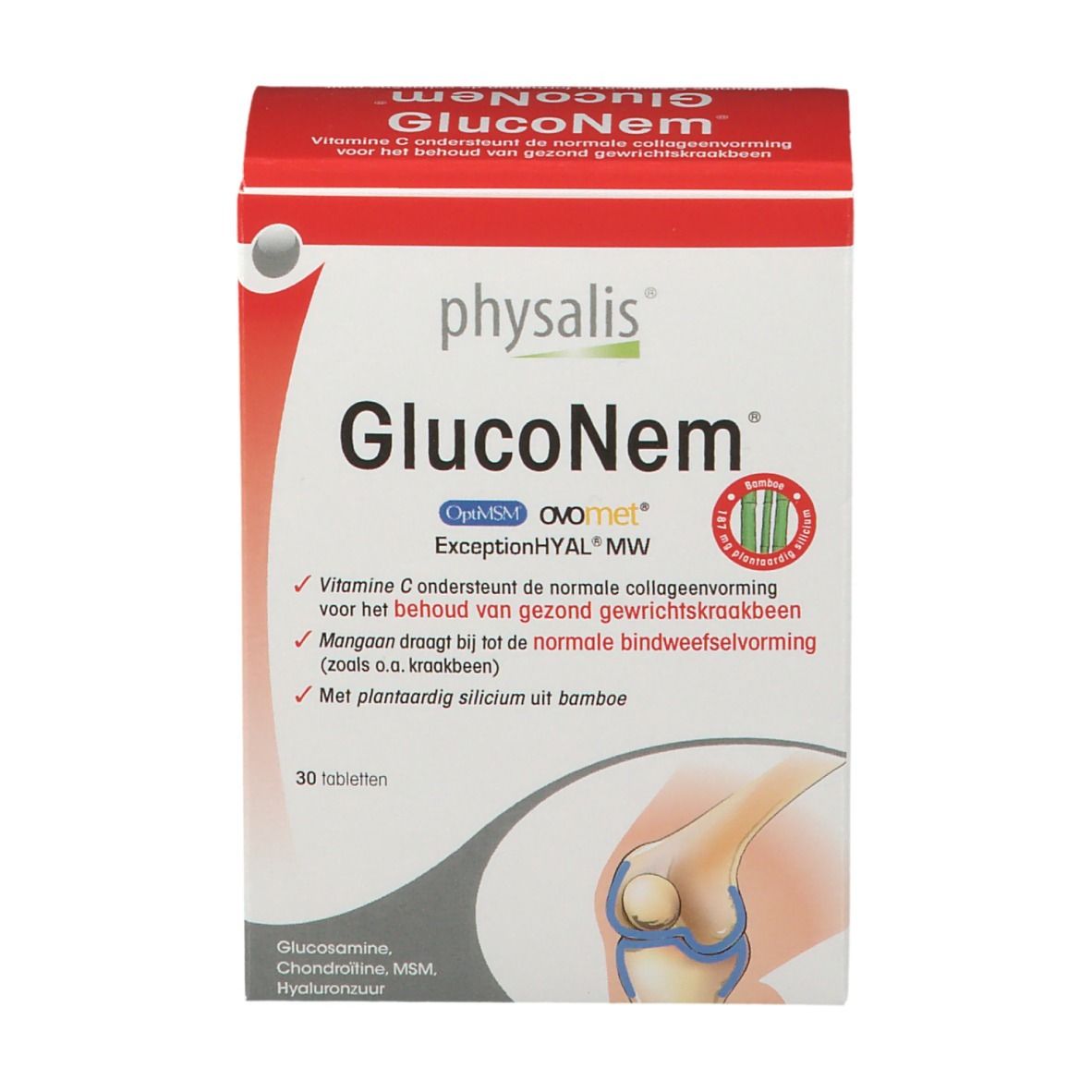 Emballage Physalis GlucoNem. Boîte rouge et blanche avec informations. 30 comprimés. Vue de face.