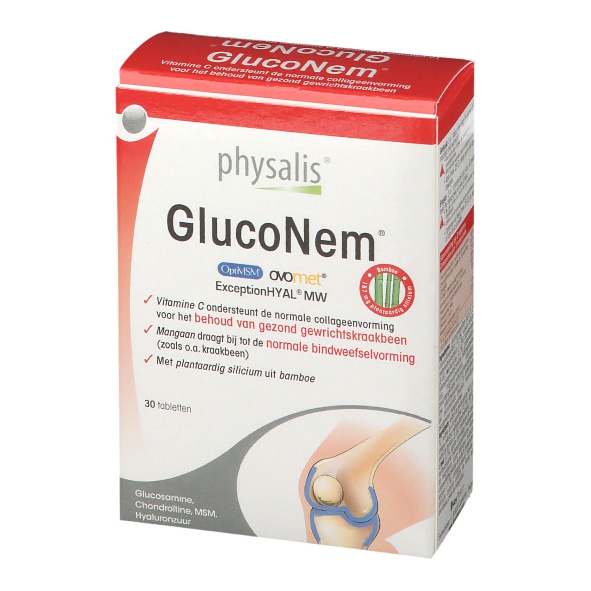 Emballage Physalis GlucoNem. Boîte rouge et blanche avec informations. 30 comprimés. Vue de face.