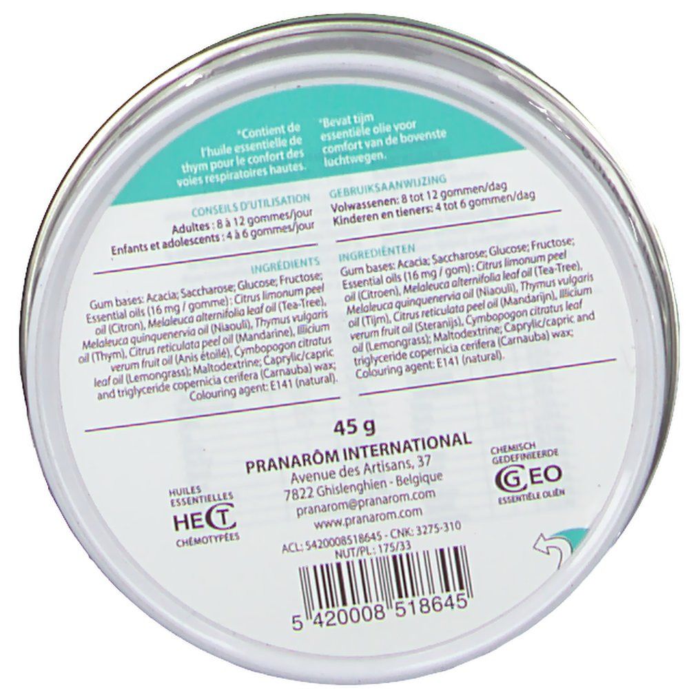 Runde Dose mit Produktinformationen. Enthält 45 g. Marke PRANAROM. Zutatenliste und Gebrauchsanweisung.