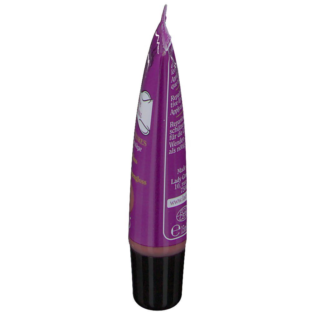Tube de gloss violet. Bouchon à vis noir. Texte: Lady Green, Pflegendes Lippengloss. Certification Bio.