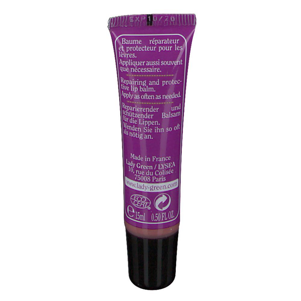 Tube de gloss violet. Bouchon à vis noir. Texte: Lady Green, Pflegendes Lippengloss. Certification Bio.