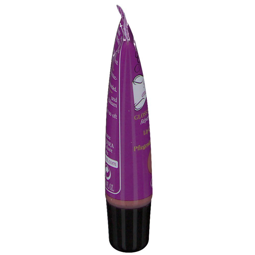 Tube de gloss violet. Bouchon à vis noir. Texte: Lady Green, Pflegendes Lippengloss. Certification Bio.