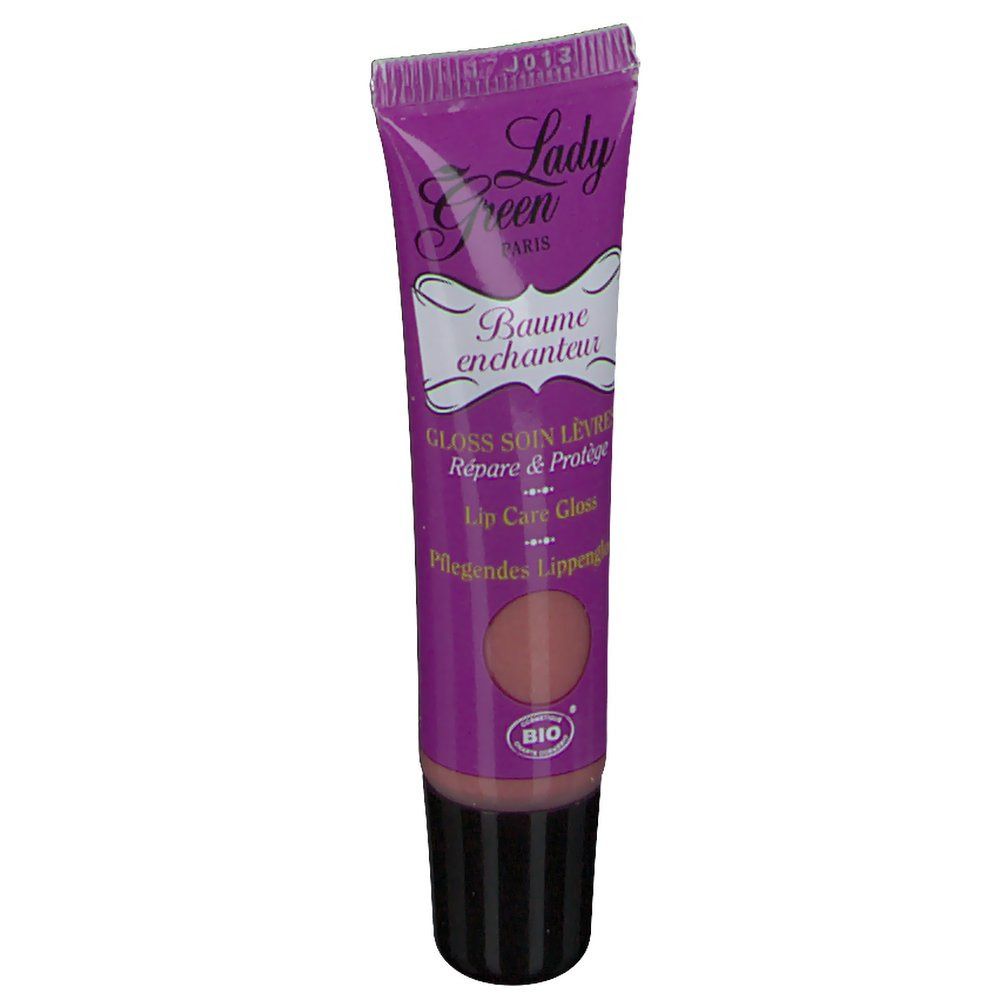 Tube de gloss violet. Bouchon à vis noir. Texte: Lady Green, Pflegendes Lippengloss. Certification Bio.