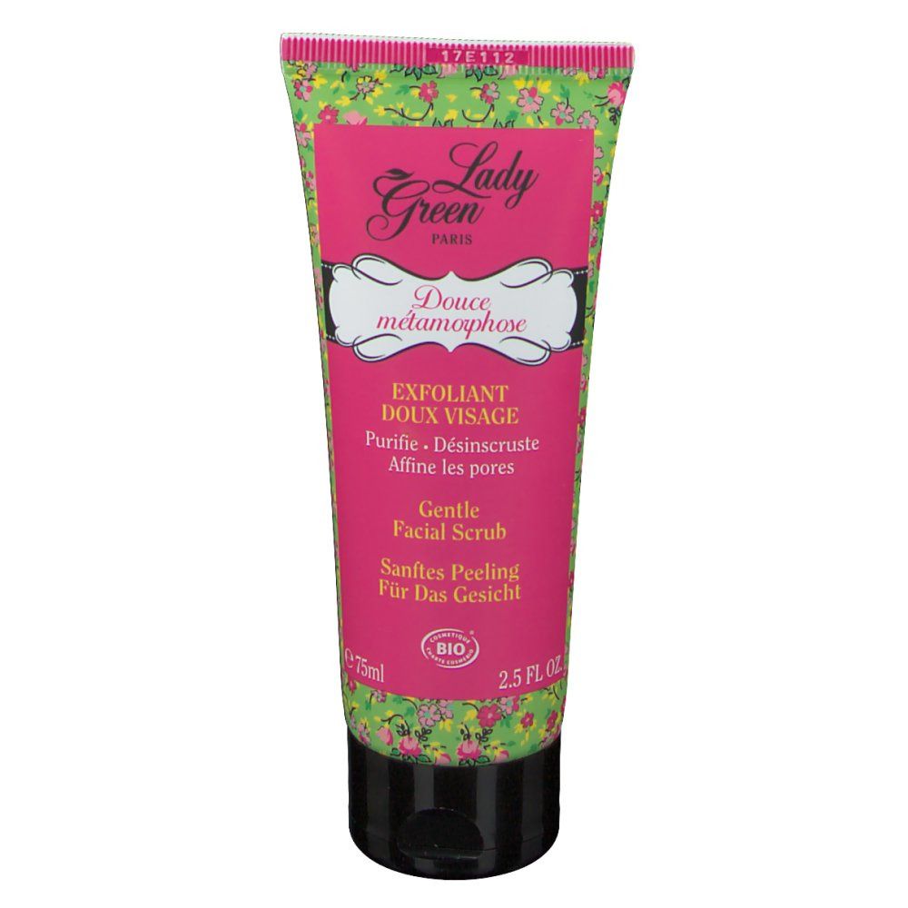 Roze en groene tube met bloemenpatroon. Zwarte dop. Tekst: Lady Green, Douce métamorphose, Exfoliant doux visage, Bio.