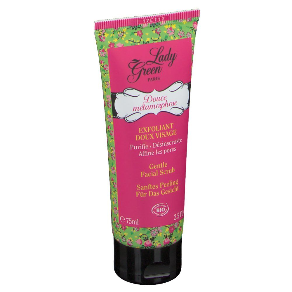 Roze en groene tube met bloemenpatroon. Zwarte dop. Tekst: Lady Green, Douce métamorphose, Exfoliant doux visage, Bio.